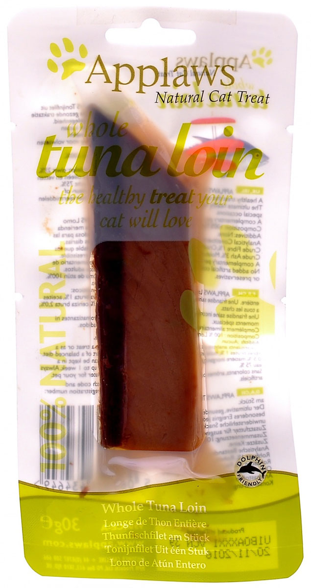 Лакомство для кошек Филе тунца, вакуумная упаковка (Сat Tuna Loin plain), 30 г24404 Лакомство для кошек Филе тунца, вакуумная упаковка (Сat Tuna Loin plain), 30 г24404Дополнительный корм для взрослых кошек. Applaws - филе тунца вкусное и неповторимое лакомство без добавок, искусственных ароматизаторов и консервантов. Использование 100% натуральных ингредиентов и в том числе только лучшая вырезка из спинки тунца, мы создали полезное блюдо, которое не оставит вашу кошку равнодушной. Тунец может быть отличным источником омега-3, и также изобилует важными минералами и витаминами. Лакомство может быть либо разбито вилкой, или подано целиком как задумано природой – заботьтесь о вашей кошке вместе с Applaws - филе тунца. Состав: Филе тунца 100%. Энергетическая ценность: Белки 36%, Сырая клетчатка 0%, неочищенных масел и жиров 0,2%, сырая зола 2,0%, Влажность 64%. Без добавления искусственных красителей, ароматизаторов и консервантов. Условия хранения: в прохладном темном месте