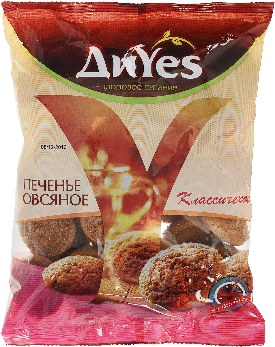 ДиYes Печенье овсяное на фруктозе, 330 г4607061251578 ДиYes Печенье овсяное на фруктозе, 330 г4607061251578Овсяное печенье ДиYes изготавливается из овсяных хлопьев, а значит является источником таких незаменимых для человеческого организма элементов, как: цинк, магний, калий, железо, витамины В1 и Е. Кроме того, овес содержит кальций, укрепляющий кости, ногти и зубы. В данном продукте сахар заменен на фруктозу, которая является дополнительным источником энергии, не разрушает зубы, а также может использоваться в рационе людей, ограниченных в потреблении сахара. А еще овсяное печенье - отличный вариант для детей, которые, как правило, не любят овсяную кашу, а вот от вкусного пышного печенья вряд ли откажутся. Уважаемые клиенты! Обращаем ваше внимание, что полный перечень состава продукта представлен на дополнительном изображении.