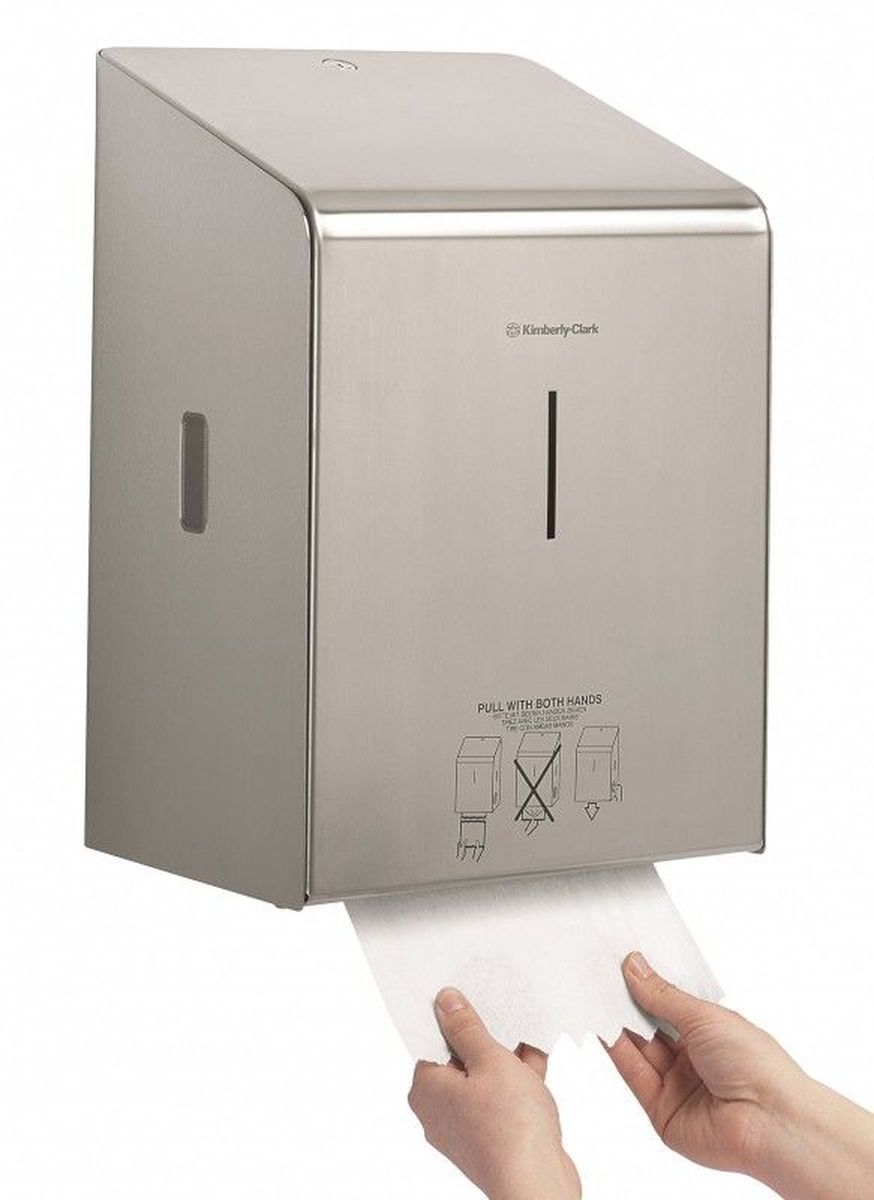 Диспенсер для бумажных полотенец Kimberly-Clark Professional, рулон. 89768976 Диспенсер для бумажных полотенец Kimberly-Clark Professional, рулон. 89768976Ассортимент диспенсеров для рулонных бумажных полотенец для рук с выдачей по одному листу из премиальной линейки металлических диспенсеров для туалетных комнат Kimberly-Clark Professional. Диспенсеры мотивируют сотрудников соблюдать гигиенические нормы, повышают уровень комфорта, демонстрируют заботу о персонале и помогают сократить расходы. Идеальное решение, обеспечивающее подачу по одному листу полотенец для рук с зигзагообразным срезом, добавляет элемент роскоши в интерьер туалетных комнат, может использоваться в туалетных комнатах офисов и гостиниц с высокими требованиями к интерьеру, обеспечивает экономию средств и отличается простотой обслуживания. Диспенсер имеет окно для контроля за остатком расходного материала, выполнен из 2мм нержавеющей стали с обработанными краями для большей безопасности при заправке расходных материалов. Может запираться на ключ. Длина листа - 30 см. Формат поставки: элегантный диспенсер; надежное крепление, корпус выполнен из нержавеющей стали.