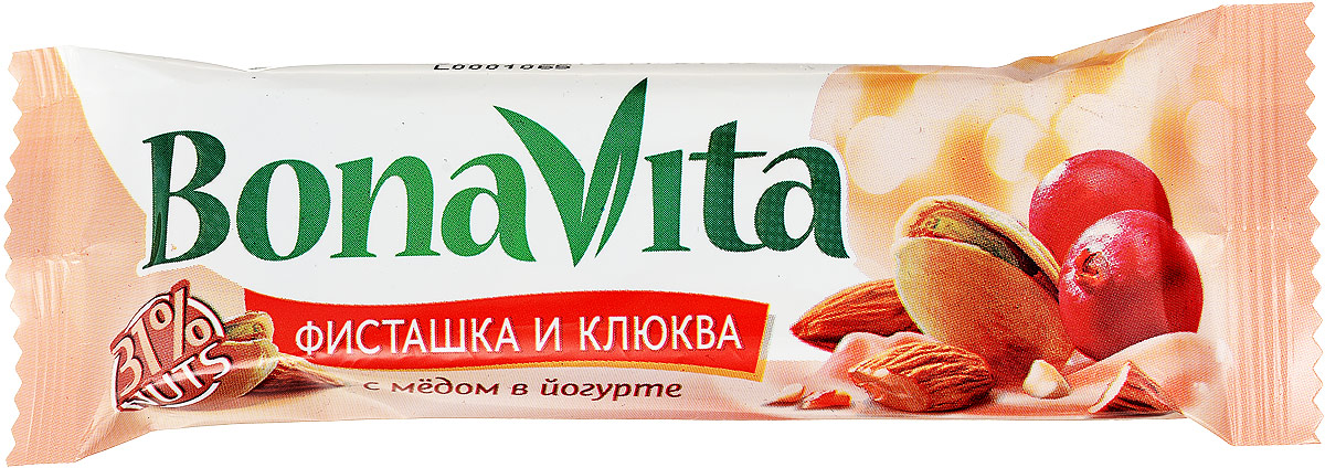 Bona Vita Батончик ореховый Фисташка, клюква и мед в йогурте, 35 г4607061252667 Bona Vita Батончик ореховый Фисташка, клюква и мед в йогурте, 35 г4607061252667Ореховые батончики Bona Vita выпускаются отечественным производителем в соответствии с европейскими стандартами качества и безопасности. Они сочетают в себе полезные свойства различных орехов (миндаль, грецкий орех, фисташки, арахис, бразильский орех, кокос), сваренных с медом и фруктозой, с добавлением злаков и сушеных фруктов. Сверху они покрываются шоколадной или йогуртовой глазурью. Ореховые батончики Bona Vita - это полезное и вкусное лакомство для всей семьи! Уважаемые клиенты! Обращаем ваше внимание, что полный перечень состава продукта представлен на дополнительном изображении.