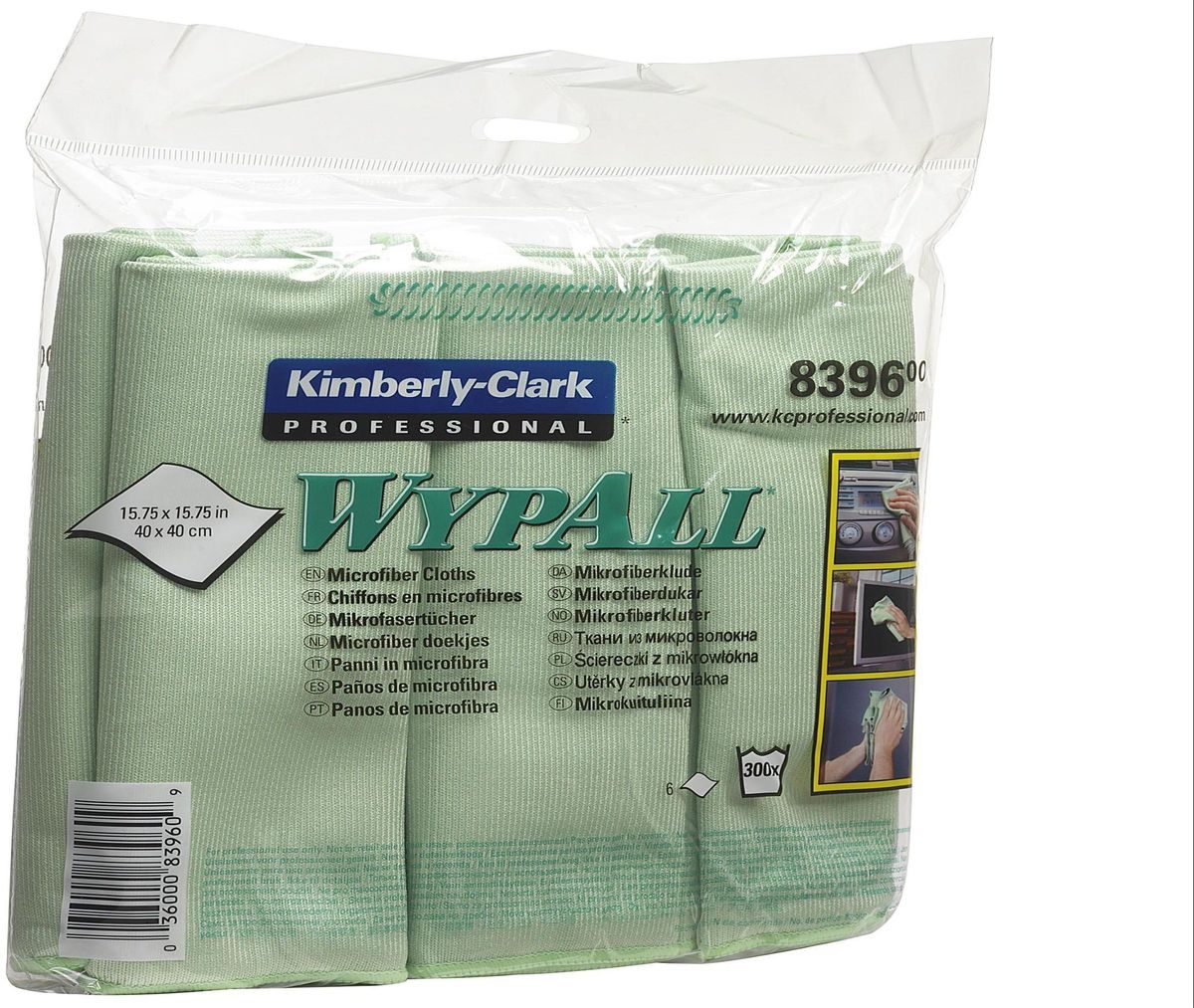 Салфетка протирочная Wypall, цвет: зеленый, 40 х 40 см, 6 шт. 83968396 Салфетка протирочная Wypall, цвет: зеленый, 40 х 40 см, 6 шт. 83968396Универсальные высококачественные салфетки из микрофибры с цветовой кодировкой уменьшают риск перекрестного загрязнения, обеспечивают очистку без применения химикатов и помогают снизить затраты. Идеальное решение для очистки рабочих столов и поверхностей; очистка стекол и зеркал без разводов при помощи зеленых салфеток из микрофибры; повышение уровня гигиены. Формат поставки: сложенные протирочные салфетки, упакованные в 4 полиэтиленовых пакета для защиты от брызг и воды по 6 штук, обеспечивающий мгновенный доступ к гигиенически-защищенным салфеткам на рабочем месте. 8394 - желтый 8395 - синий 8396 - зеленый (специально для стекол) 8397 - красный