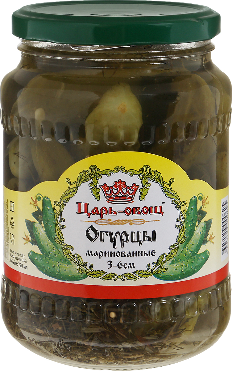 Царь-овощ Огурцы 3-6 см, 680 г913 Царь-овощ Огурцы 3-6 см, 680 г913Традиционная рецептура пряного маринада - кисло-сладкого, сдобренного зернами горчицы и чесноком - добавляет огурцам Царь-овощ особую легкую пикантность, что особенно хорошо, если использовать их как самостоятельную закуску. Уважаемые клиенты! Обращаем ваше внимание, что полный перечень состава продукта представлен на дополнительном изображении.