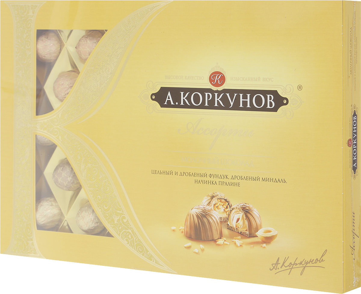 Коркунов конфеты Ассорти молочный шоколад, 253 г4606720007761 Коркунов конфеты Ассорти молочный шоколад, 253 г4606720007761При производстве конфет Коркунов используются сертифицированные сорта какао-бобов, произрастающие в Западной Африке. Ореховая начинка конфет – это настоящее, классическое пралине - сочетание сахара и орехов. Также для производства конфет Коркунов закупаются только отборные орехи, а каждый из поставщиков проходит строгую проверку качества. Элегантная упаковка подчеркивает вкус изысканных шоколадных конфет. Все это делает конфеты Коркунов одним из самых желанных подарков на любой праздник. Уважаемые клиенты! Обращаем ваше внимание, что полный перечень состава продукта представлен на дополнительном изображении.