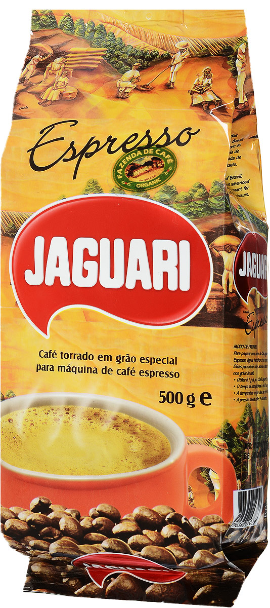 Jaguari Espresso кофе в зернах, 500 гКЗ-ЯЭ Jaguari Espresso кофе в зернах, 500 гКЗ-ЯЭJaguari Espresso - натуральный зерновой кофе средней обжарки. Напиток обладает, прекрасным ароматом, оригинальным мягким вкусом с шоколадными нотками и умеренной сладостью. Упакован в пакет с клапаном для более длительного хранения, надежно сохраняет вкус и аромат в течении года. Кофе произведен и упакован в Бразилии. Согласно всем международным стандартам имеет категорию Высшее качество. Идеально подходит для приготовления дома и в офисе, для кафе, баров и в ресторанах.