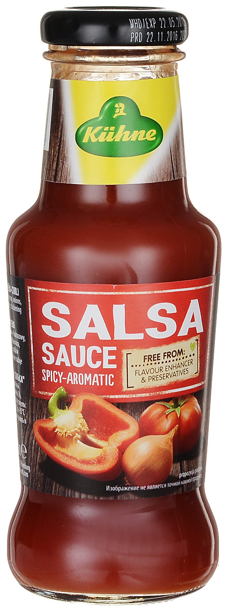 Kuhne Spicy Sauce Salsa соус томатный сальса, 250 г0560013 Kuhne Spicy Sauce Salsa соус томатный сальса, 250 г0560013Большое количество спелых томатов в сочетании со стручковым перцем халапеньо и специями придают соусу типичный мексиканский вкус. Умеренно острый соус Сальса хорошо сочетается с мясом и овощами.
