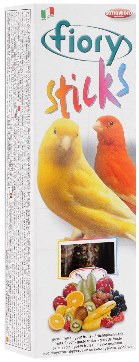 Палочки для канареек Fiory Sticks, с фруктами, 2 х 30 г2505 Палочки для канареек Fiory Sticks, с фруктами, 2 х 30 г2505Палочки для канареек Fiory Sticks состоят из фруктов и десяти разновидностей семян, которые богаты белками и жирами и обладают освежающим и стимулирующим действием. Клейкое вещество особенно вкусно, и птицам легко его клевать. Канарейки могут склевывать семена, не раскалывая их на куски и не разбрасывая крошки по дну клетки. Поскольку продукт отличается высоким содержанием белков, им не следует злоупотреблять. Как и все дополнительное питание, палочки считаются лакомством и являются добавкой к обычному рациону птицы. Товар сертифицирован.