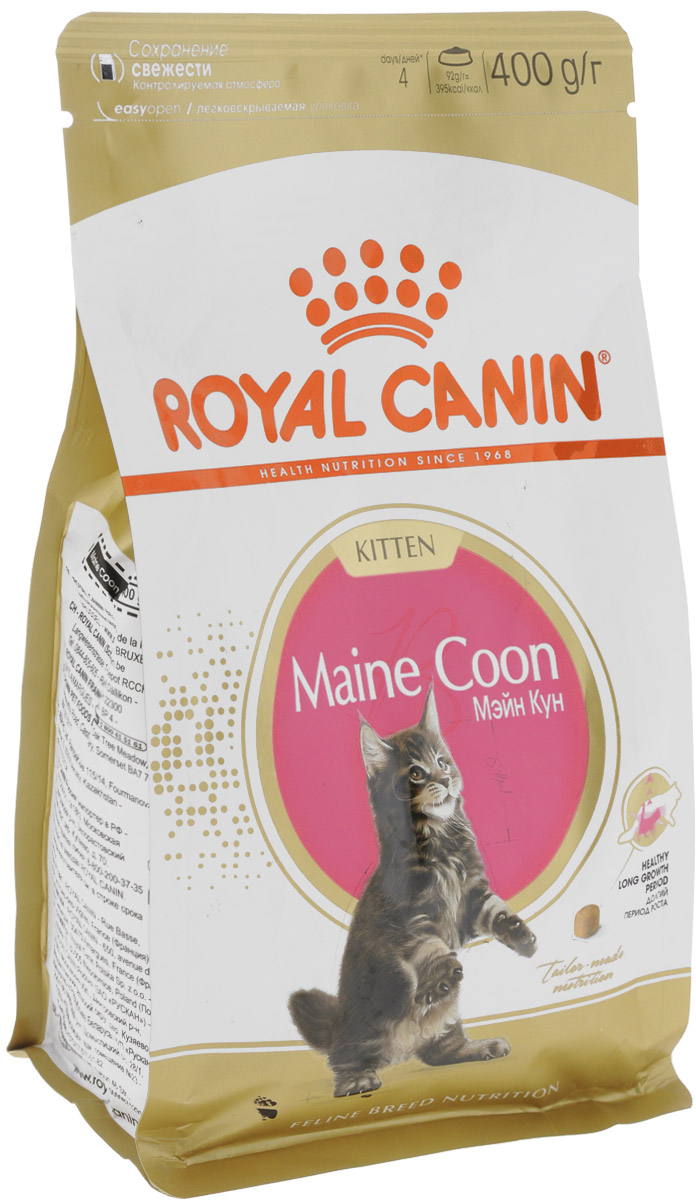 Корм сухой Royal Canin Maine Coon Kitten для котят породы мейн-кун в возрасте от 3 до 15 месяцев, 400 г. 941941_новинка Корм сухой Royal Canin Maine Coon Kitten для котят породы мейн-кун в возрасте от 3 до 15 месяцев, 400 г. 941941_новинкаRoyal Canin Maine Coon Kitten - это полноценный сухой корм для котят породы мейн-кун в возрасте от 3 до 15 месяцев. Фаза роста котят мейн-куна более продолжительна, чем у кошек других пород. В силу своей особой комплекции котенок породы мейн-кун достигает зрелости только к 15 месяцам или даже позже. Длительный период роста означает, что диета для котят должна отвечать их специфическим потребностям в энергии: это обеспечит гармоничное и сбалансированное развитие. Корм Royal Canin Maine Coon Kitten создан для сбалансированного развития котенка и содержит все необходимые компоненты, а именно: - адаптированное содержание энергии и белков, а также баланс витаминов и минеральных веществ (в том числе витамина D, кальция и фосфора), которые помогают поддерживать развитие костей и суставов для гармоничного роста, - высокоусвояемые белки (L.I.P.*) и пребиотики, они поддерживают баланс кишечной микрофлоры, - комплекс антиоксидантов, включающий...