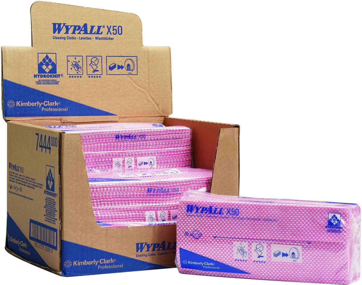 Салфетка протирочная Wypall Х50, 50 листов. 74447444 Салфетка протирочная Wypall Х50, 50 листов. 74447444Протирочные салфетки для многоразового использования, изготовленные по технологии HYDROKNIT®, обладают отличной впитывающей способностью, долговечностью и прочностью (как в сухом, так и во влажном состоянии), могут использоваться с большинством растворителей, обеспечивают быструю очистку и помогают сократить расходы. Идеальное решение для гигиеничной уборки в туалетных комнатах, клинических помещениях и палатах пациентов, на кухнях и участках приготовления пищи; помогает предотвратить перекрестное загрязнение за счет цветовой кодировки. Салфетки допускают стирку и повторное использование, что уменьшает объем отходов и сокращает эксплуатационные затраты. Формат поставки: протирочные салфетки со сложением interfold, упакованные в полиэтиленовый пакет для защиты от брызг и воды, обеспечивающий мгновенный доступ к гигиенически защищенным салфеткам на рабочем месте. 7441 - синий 7442 - зеленый 7443 - желтый 7444 - красный