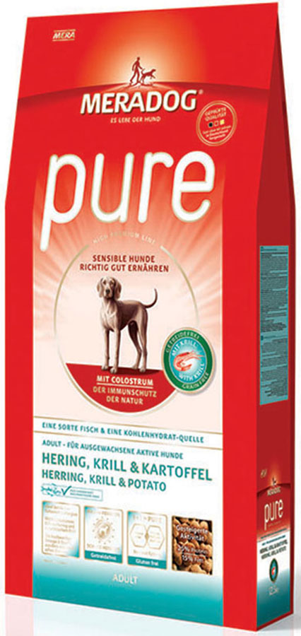 Корм сухой Meradog Pure Hering, Krill & Kartoffel, для взрослых собак с проблемами в питании/аллергиями, без злаков, с сельдью, крилем и картофелем, 300 г54676 Корм сухой Meradog Pure Hering, Krill & Kartoffel, для взрослых собак с проблемами в питании/аллергиями, без злаков, с сельдью, крилем и картофелем, 300 г54676Полнорационный корм для взрослых собак с проблемами в питании и/или аллергиями. Без злаков – с морской сельдью, антарктическим крилем и картофелем и концепция защиты от MERADOG:антиоксиданты (витамин C, Е, бета-каротин и селен) для оптимальной защиты клеток. Натуральные жирные кислоты Омега-3 и Омега-6 (криль, подсолнечное масло и масло льняных семян), а также хелат цинка для кожи и шерсти. Пребиотический инулин для стабильной кишечной флоры и надежного пищеварения. Необходимая энергетическая ценность, высококачественный животный белок (сельдь, криль) для поддержания оптимального телосложения и жизнеспособности. Идеален при многих видах пищевых аллергий: только один источник углеводов и только один вид рыбы. Криль, маннанолигосахариды и бета-глюканы для оптимальной иммунной защиты.