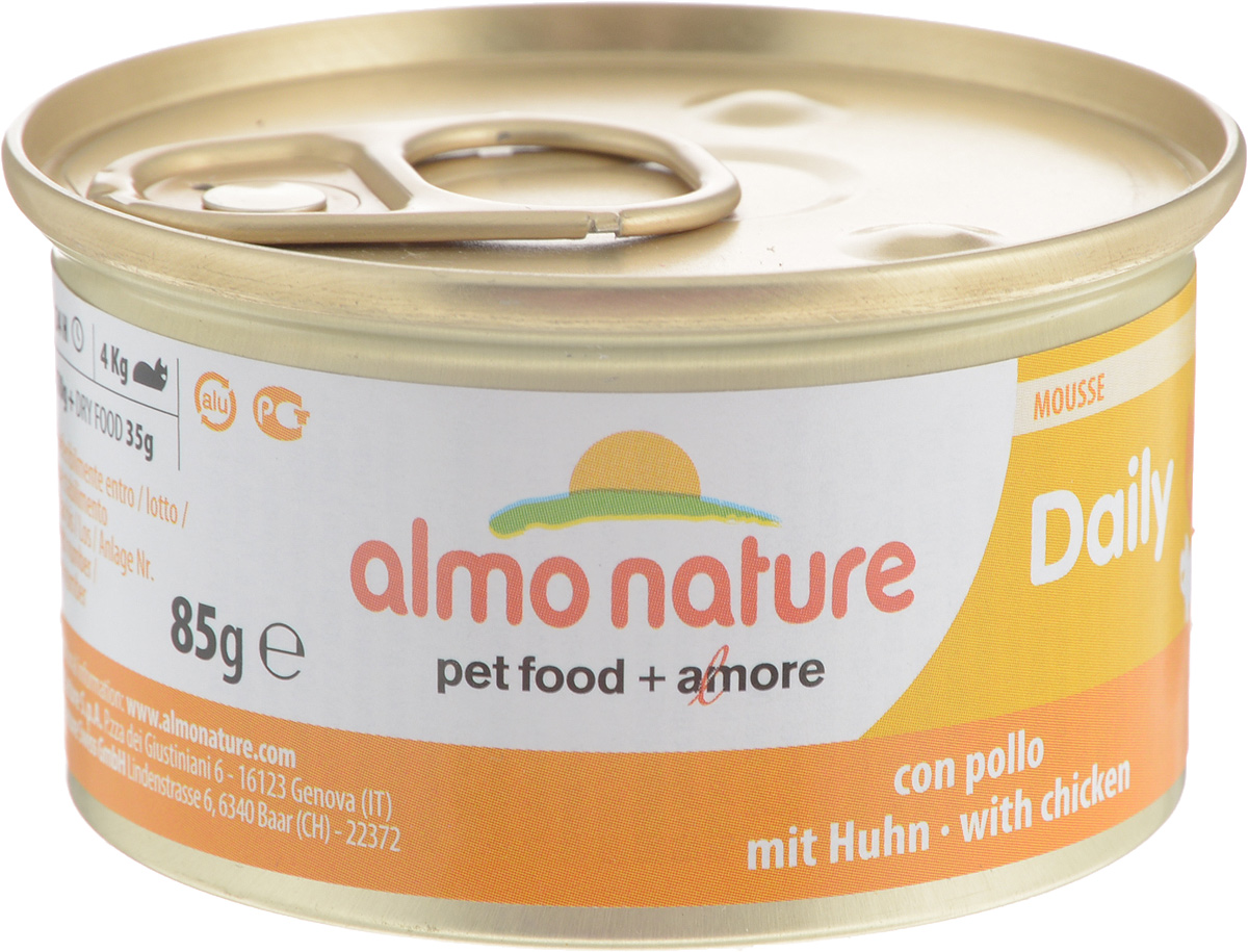 Консервы Almo Nature для кошек, с курицей, 85 г24066 Консервы Almo Nature для кошек, с курицей, 85 г24066Консервы для кошек Almo Nature сохраняют свежесть каждого кусочка. Корм изготовлен только из свежих высококачественных натуральных ингредиентов, что обеспечивает здоровье вашей кошки. Не содержит ГМО, антибиотиков, химических добавок, консервантов и красителей. Состав: мясо и его производные (из которого курица 14%), минералы, растительные волокна. Пищевые добавки: витамин А мин. 1110 МЕ/кг, витамин D3 140 МЕ/кг, витамин Е 10 мг/кг, сульфат меди пентагидрат 3,2 мг/кг, таурин 490 мг, камедь кассии - 3 г/кг. Товар сертифицирован.