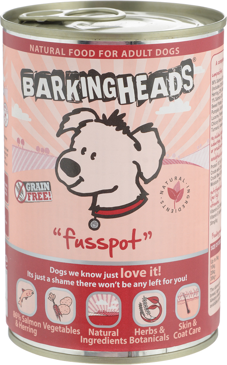 Консервы Barking Heads Fusspot для собак, с лососем и овощами, 400 г45203 Консервы Barking Heads Fusspot для собак, с лососем и овощами, 400 г45203Консервы Barking Heads Fusspot - это качественный полноценный мясной обед. Не содержит искусственных красителей, искусственных ароматизаторов, консервантов и ГМО. Имеет тот естественный, настоящий и типичный вкус мяса, который собаки любят больше всего. Состав: 86% лосося и сельди (лосось - 30%, сельдь - 30%, бульон из лосося - 25%, масло лосося - 1%), картофель, батат, сушёная морковь, тыква, растительное масло, ламинария, люцерна, сушёная петрушка, сельдерей, корень цикория, корица, куркума, анисовое семя. Товар сертифицирован.