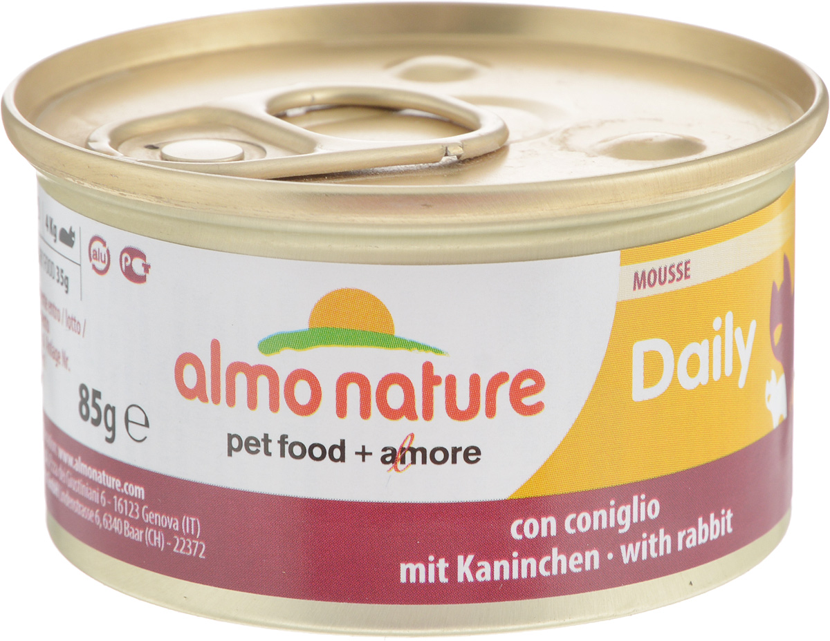 Консервы Almo Nature для кошек, с кроликом, 85 г20348 Консервы Almo Nature для кошек, с кроликом, 85 г20348Консервы для кошек Almo Nature сохраняют свежесть каждого кусочка. Корм изготовлен только из свежих высококачественных натуральных ингредиентов, что обеспечивает здоровье вашей кошки. Не содержит ГМО, антибиотиков, химических добавок, консервантов и красителей. Состав: мясо и его производные (кролик 4%), минералы, экстракт растительных волокон. Добавки: витамин A 1110 IU/кг, витамин D3 140 IU/кг, витамин E 10 мг/кг, таурин 490 мг/кг, сульфат меди пентагидрат 4,4 мг/кг (Cu 1.1 мг/кг). Технологические добавки: камедь кассии 3000 мг/кг. Пищевая ценность: белки 9,5%, клетчатка 0,4%, масла и жиры 6%, зола 2%, влажность 81%. Товар сертифицирован.