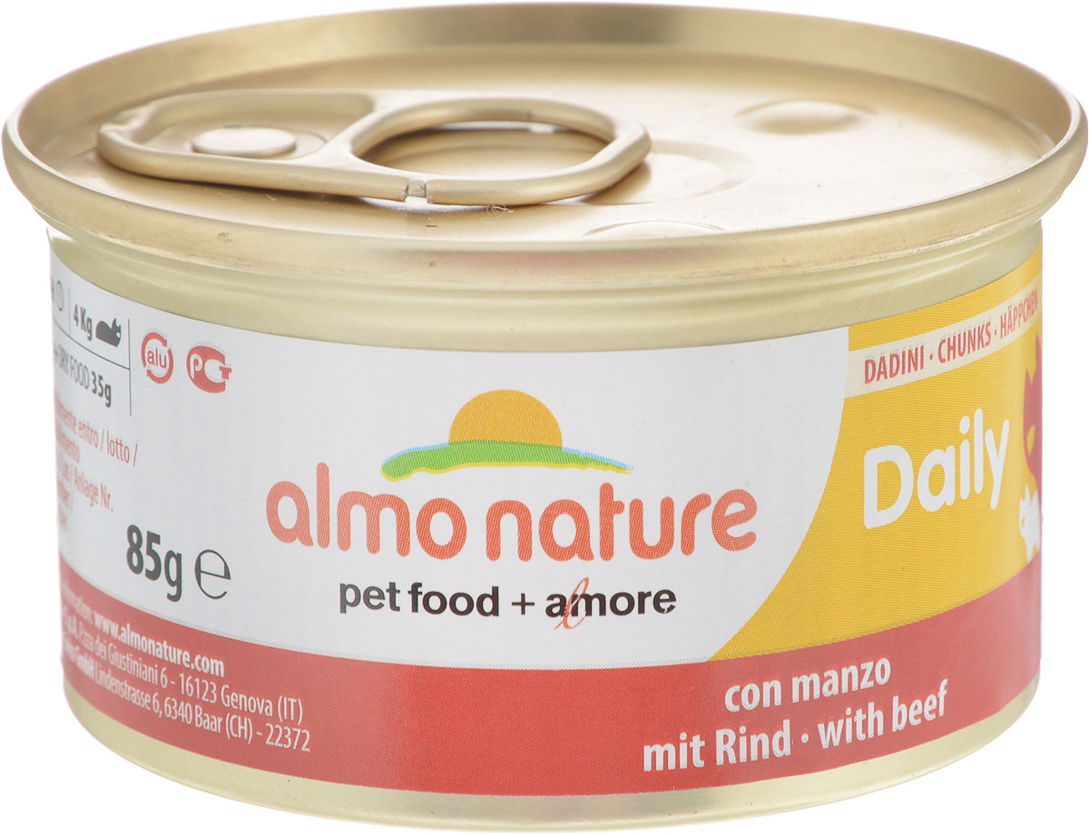 Консервы Almo Nature для кошек, с говядиной, 85 г20345 Консервы Almo Nature для кошек, с говядиной, 85 г20345Консервы для кошек Almo Nature сохраняют свежесть каждого кусочка. Корм изготовлен только из свежих высококачественных натуральных ингредиентов, что обеспечивает здоровье вашей кошки. Не содержит ГМО, антибиотиков, химических добавок, консервантов и красителей. Состав: мясо и его производные (говядина 4%), минералы, экстракт растительных волокон. Добавки: витамин A 1110 IU/кг, витамин D3 140 IU/кг, витамин E 10 мг/кг, таурин 410 мг/кг, сульфат меди пентагидрат 4,4 мг/кг (Cu 1,1 мг/кг). Пищевая ценность: белки 7,5%, клетчатка 0,1%, масла и жиры 4%, зола 2%, влажность 81%. Товар сертифицирован.