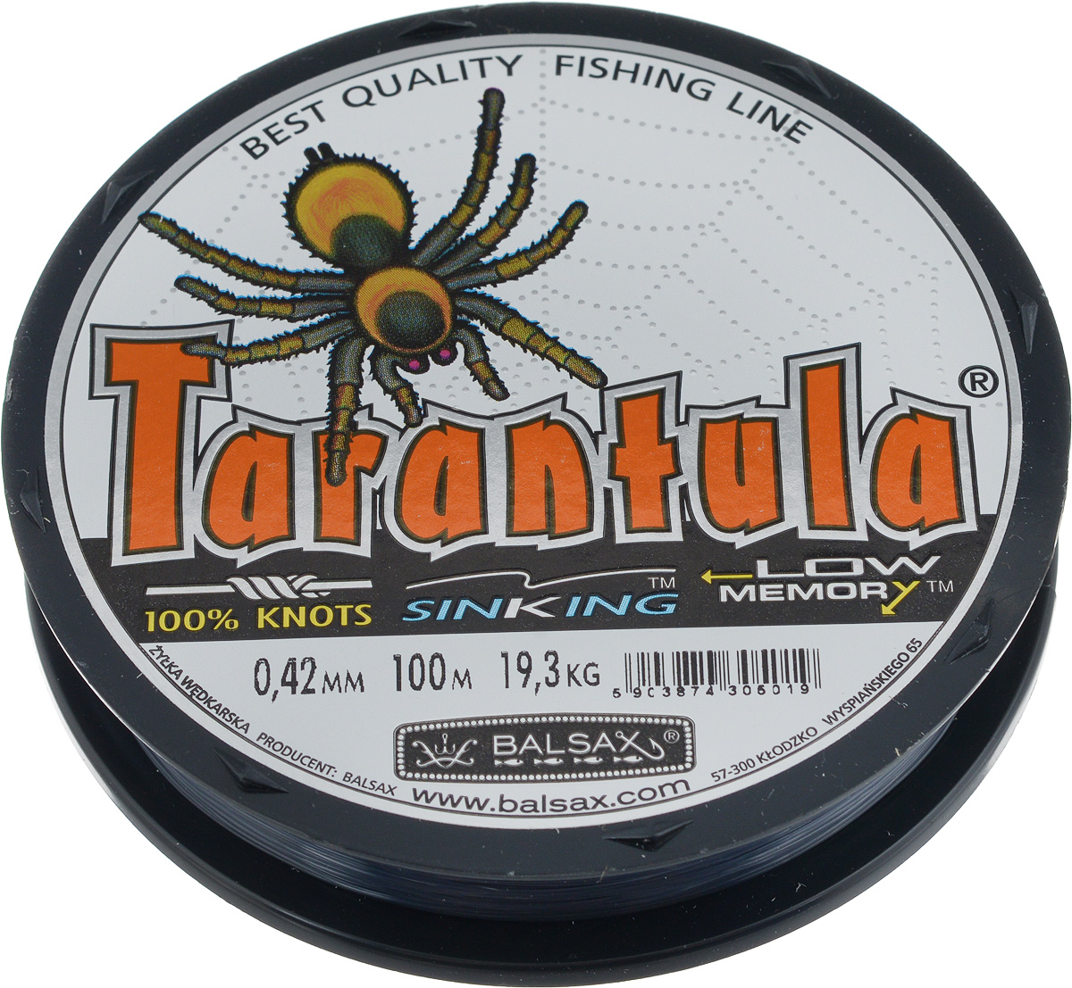 Леска Balsax Tarantula, 100 м, 0,42 мм, 19,3 кг314-07042 Леска Balsax Tarantula, 100 м, 0,42 мм, 19,3 кг314-07042Леска Balsax Tarantula выполнена из нейлоновой мононити. Новая молекулярная структура лески отличается повышенной сопротивляемостью к разрыву, но при этом она способна и растягиваться. Растяжимость в случае применения этой лески является отличным достоинством, особенно во время энергичной борьбы с рыбой, как амортизатор защищая оснастку от обрыва.