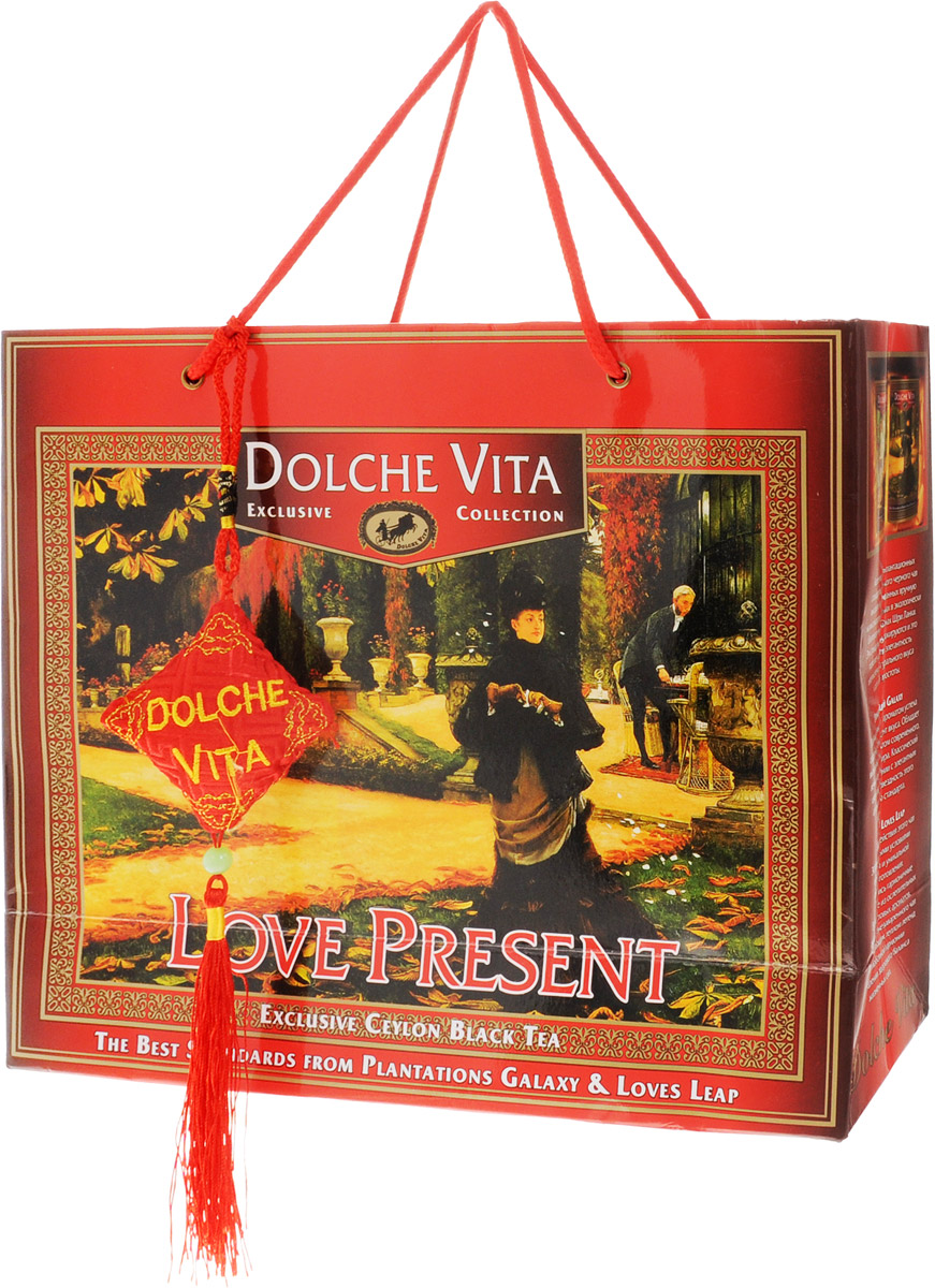 Dolche Vita Love Present подарочный набор черного листового чая, 200 г21202 Dolche Vita Love Present подарочный набор черного листового чая, 200 г21202Подарочный набор плантационного цейлонского черного крупнолистового чая Dolche Vita Love Present, упакованный в подарочную коробку и пакет.