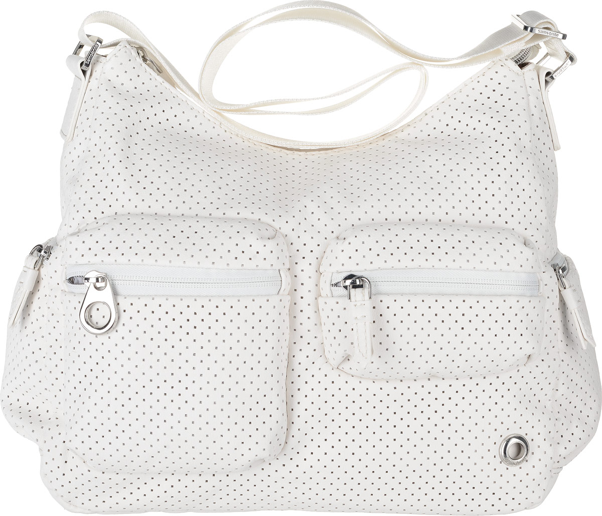 Сумка женская Samsonite, цвет: белый. 93V-0500693V-05006 Сумка женская Samsonite, цвет: белый. 93V-0500693V-05006Женская сумка Samsonite изготовлена из полиуретана и оформлена металлической фурнитурой. Изделие содержит одно основное отделение, закрывающееся на застежку-молнию. Внутри отделения расположены два накладных кармашка для мелочей и врезной карман на молнии. Лицевая сторона сумки дополнена двумя объемными кармашками, каждый из которых закрывается на молнию. На задней стороне расположен карман на застежке-молнии. По бокам изделия расположены два прорезных кармашка на застежках-молниях. Сумка оснащена наплечным ремнем регулируемой длины.