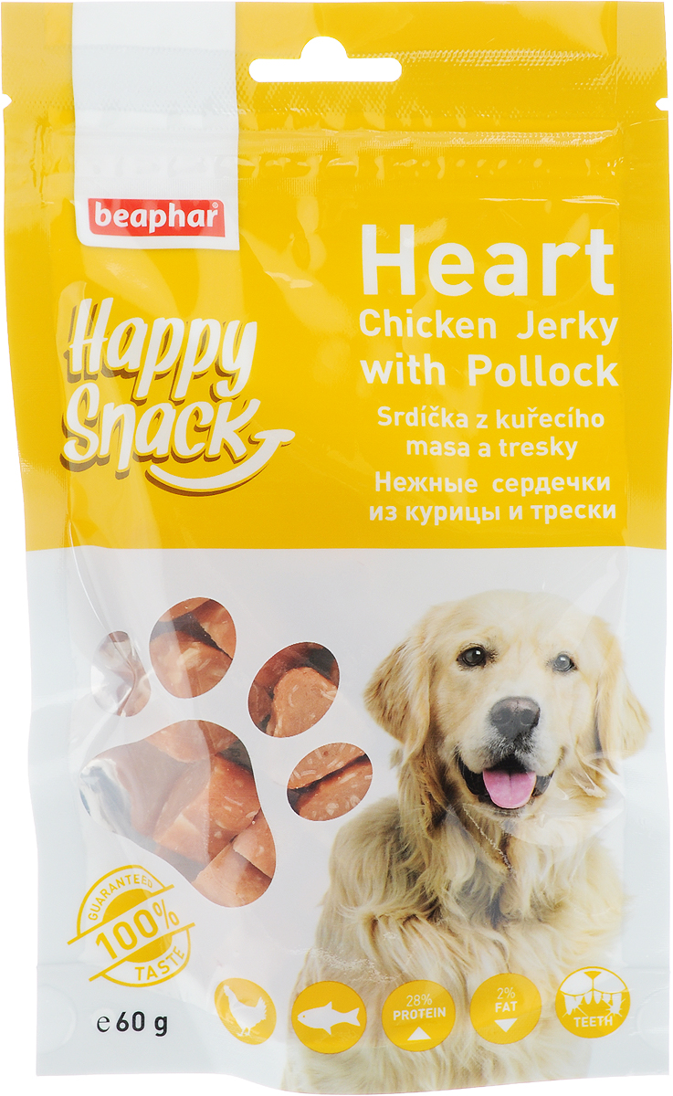 Лакомство для собак Beaphar Happy Snack, нежные сердечки из курицы и трески, 60 г42183 Лакомство для собак Beaphar Happy Snack, нежные сердечки из курицы и трески, 60 г42183Лакомство для собак Beaphar Happy Snack - дополнительный корм для взрослых собак старше 6-месячного возраста в виде нежных сердечек с курицей и треской. Продукт станет излюбленным лакомством, а также прекрасным вознаграждением при дрессуре. Специальный замок zip-lock на упаковке позволяет дольше хранить лакомство. Товар сертифицирован.
