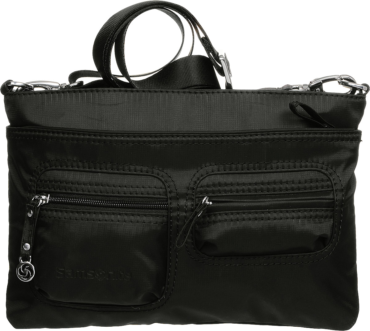 Сумка женская Samsonite, цвет: черный. 5H3*090585H3*09058 Сумка женская Samsonite, цвет: черный. 5H3*090585H3*09058Стильная и практичная женская сумка Samsonite выполнена из полиамида. Изделие имеет одно основное отделение, закрывающееся на застежку-молнию. Внутри находятся мягкий карман для планшета с диагональю 9.7, два накладных открытых кармана и текстильный ремешок с карабином для ключей. Снаружи, на передней стенке расположены накладной карман на застежке-молнии и два накладных объемных кармана на застежках-молниях, на задней стенке - дополнительный накладной карман на застежке-молнии. Модель оснащена съемным регулируемым плечевым ремнем. Стильная сумка позволит вам завершить образ.