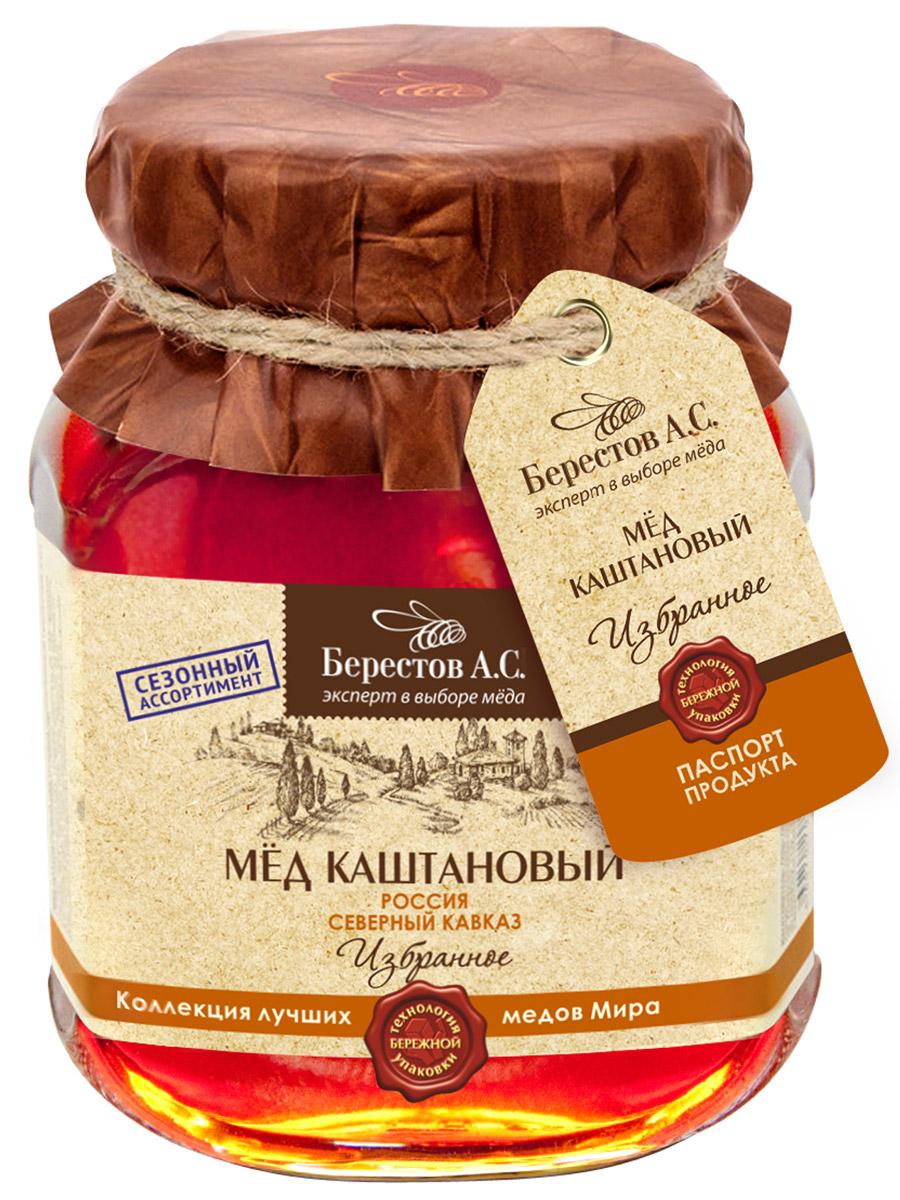 Берестов Мед Каштановый, 500 г, Россия, Северный Кавказо0000007793 Берестов Мед Каштановый, 500 г, Россия, Северный Кавказо0000007793Для сезонной коллекции Избранное экспертами отобраны исключительно редкие и уникальные, обладающие неповторимым характером и многогранным вкусом сорта меда из разных уголков земли. Каждый урожай меда сезонной коллекции неповторим, поэтому партии такого меда ограничены в количестве. На Берестовской фабрике натуральных продуктов бережно упаковывывают мед холодным методом, который позволяет сохранять 100% биологических свойств продукта. Среди множества различных сортов и видов натурального пчелиного меда достойное место занимает каштановый мед, который в продаже встречается довольно редко. Это объясняется тем, что получают его в малых количествах в связи с коротким периодом цветения каштана (2-3 недели) и ограниченностью ареала распространения дерева. Вкус и аромат: Мед цветом благородного красного дерева, переливающийся на солнце бордовыми оттенками. Выдержанный, естественно сладкий вкус с перечным послевкусием и легкой горчинкой. Пряный, зрелый и глубокий...