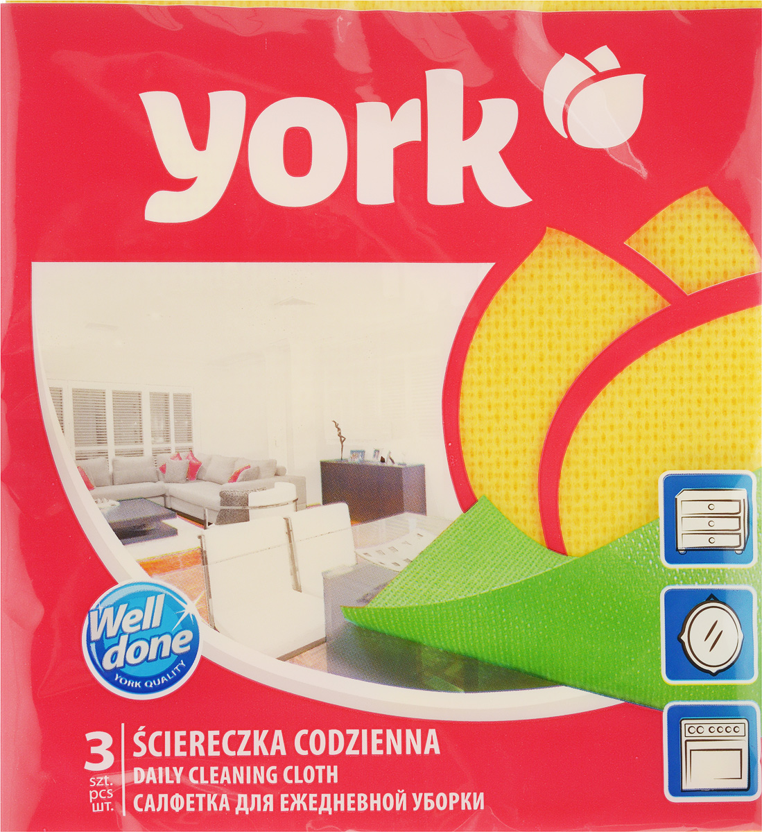 Салфетка для ежедневной уборки York Ламбада, цвет: желтый, 37 х 40 см, 3 шт2106_желтый Салфетка для ежедневной уборки York Ламбада, цвет: желтый, 37 х 40 см, 3 шт2106_желтыйУниверсальная салфетка York Ламбада предназначена для мытья, протирания и полировки различных поверхностей. Салфетка, выполненная из вискозы, отличается высокой прочностью. Салфетка хорошо поглощает влагу. Идеальна для ухода за столешницами и раковиной, а также для мытья посуды. Может использоваться в сухом и влажном виде. В комплекте 3 салфетки. Размер салфетки: 37 х 40 см.
