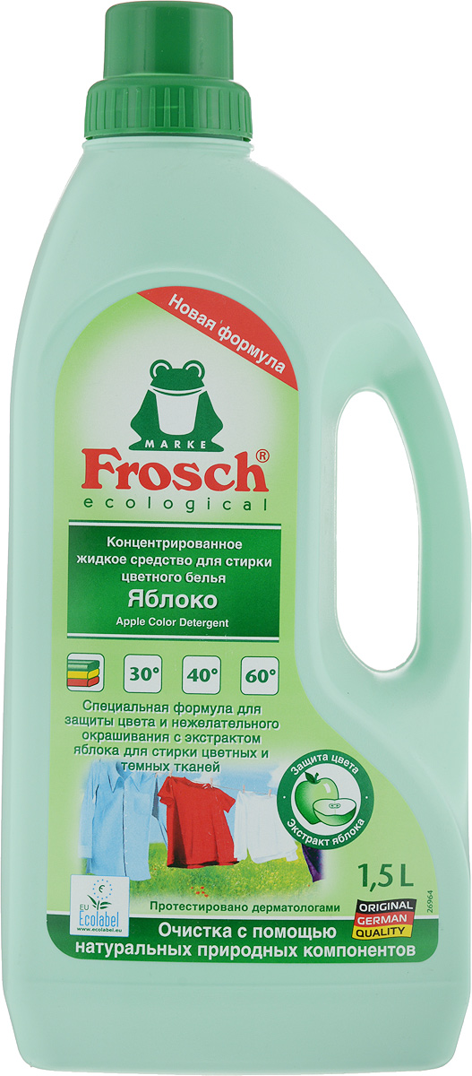 Средство для стирки цветного белья Frosch Яблоко, концентрат, 1,5 л105080 Средство для стирки цветного белья Frosch Яблоко, концентрат, 1,5 л105080Концентрированное жидкое средство Frosch Яблоко предназначено для стирки цветных и нежных тканей при температуре от 30° до 60° С. Оно эффективно удаляет трудновыводимые пятна. Подходит как для машинной, так и для ручной стирки. Средство для стирки Frosch Яблоко содержит натуральные ингредиенты, безопасно для кожи, протестировано дерматологами, не содержит опасные химикаты. Товар сертифицирован.