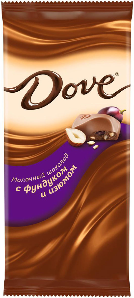 Dove молочный шоколад с фундуком и изюмом, 90 г79004062 Dove молочный шоколад с фундуком и изюмом, 90 г79004062Молочный шоколад Dove с фундуком и изюмом нежный, как шелк: такой же обволакивающий, роскошный, соблазнительный. Шоколад изготовлен только из высококачественных, натуральных ингредиентов. Окунитесь в шелковое удовольствие! Уважаемые клиенты! Обращаем ваше внимание, что полный перечень состава продукта представлен на дополнительном изображении.