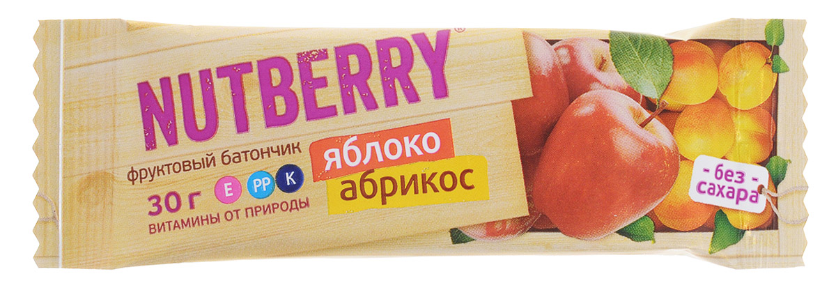 Nutberry Витафрут батончик фруктовый с яблоком и абрикосом, 30 г4620000678014 Nutberry Витафрут батончик фруктовый с яблоком и абрикосом, 30 г4620000678014Фруктовый батончик Nutberry Витафрут с яблоком и абрикосом - полезный и натуральный снэк. Медово-сладкий вкус мякоти абрикоса с кислинкой яблока относится к тем вкусам, которые очаровывают любого гурмана. Фруктовые батончики Nutberry - натурально, вкусно, с заботой о вас. Фруктовый батончик с яблоком и абрикосом справится с голодом в два счета. Любой перекус станет вкусным и полезным. С утренним кофе, с обеденным чаем, со свежевыжатым соком фруктовый батончик станет незаменимым составляющим вашего рациона. Фруктовые батончики Nutberry изготавливаются только из натуральных прессованных фруктов. Батончики содержат естественные фруктовые сахара! При производстве в продукт не добавляются фруктоза, сахар и другие сахаросодержащие продукты. Фруктовые батончики Nutberry абсолютно безопасны, не содержат ароматизаторов, красителей. Уважаемые клиенты! Обращаем ваше внимание, что полный перечень состава продукта представлен на дополнительном изображении.