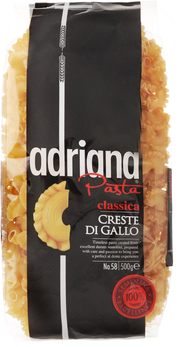 Adriana Creste di Gallo паста, 500 г15028 Adriana Creste di Gallo паста, 500 г15028Adriana - высококачественная паста из 100% семолины. Только 100% семолина или качественная мука из специальных твердых сортов пшеницы гарантирует, что паста, даже после превышения рекомендуемого времени приготовления, не развариться и не слипнется после охлаждения. Еда не должна служить лишь для утоления голода, а должна приносить и возвышенные чувства приятного удовлетворения. Ужин должен быть не только завершением дня, но также возможностью встретиться с близкими друзьями, чтобы насладиться едой. Паста Adriana имеет превосходные вкусовые качества и полезные свойства. Благодаря большому количеству клетчатки, белка и минимуму жиров - паста низкокалорийная, что способствует всегда оставаться в идеальной форме, а также в ее состав входит рибофлавин, который способствует снижению усталости. Паста богата витаминами группы В, необходимыми для здоровья.