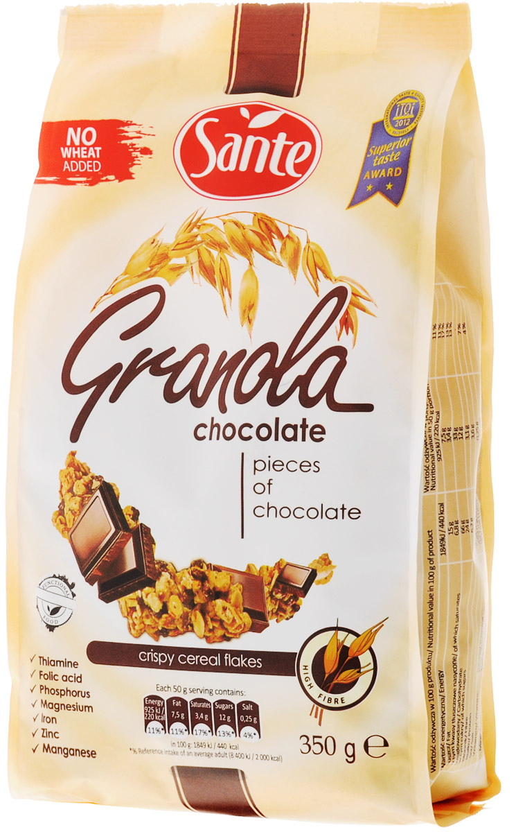Sante Granola хрустящие злаковые хлопья с шоколадом, 350 г5900617002983 Sante Granola хрустящие злаковые хлопья с шоколадом, 350 г5900617002983Granola Sante - продукт, приготовленный из натуральных ингредиентов, без консервантов и искусственных красителей. Обычный сахар и соль заменяются тростниковым сахаром и гималайской солью. Granola содержит цельнозерновые злаки, сохраняя их ценные и полезные ингредиенты - витамины группы B, растительный белок и минералы - фосфор, медь и марганец. Granola является богатым источником клетчатки. Уважаемые клиенты! Обращаем ваше внимание, что полный перечень состава продукта представлен на дополнительном изображении.