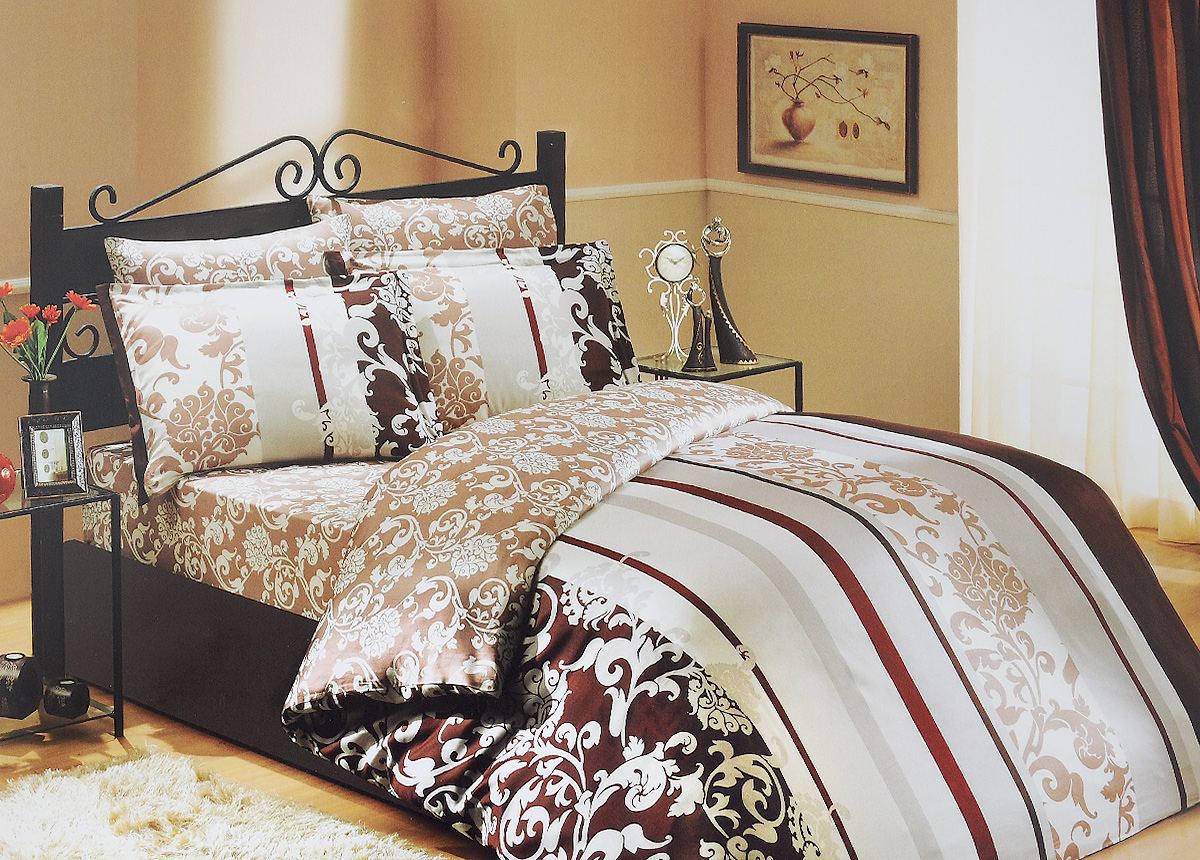 Комплект белья Hobby Home Collection Oriental, евро, наволочки 50x70, 70x70, цвет: коричневый, белый, бежевый1501000946 Комплект белья Hobby Home Collection Oriental, евро, наволочки 50x70, 70x70, цвет: коричневый, белый, бежевый1501000946Комплект белья Hobby Home Collection Oriental состоит из простыни, пододеяльника и 4 наволочек. Белье выполнено из сатина. Это блестящая и плотная ткань из 100% натурального хлопка высокого качества, изготовленная путем сложного переплетения нескольких видов нитей. Сатиновое переплетение придает тканям повышенное сопротивление к истиранию. Красивый, изысканный внешний вид, мягкость и нежность ткани позволяет сравнивать сатин с шелком. А по прочности и долговечности сатину вообще нет равных, белье из этой благородной ткани выдерживает более 200 стирок, сохраняя при этом безупречный внешний вид. Помимо своих внешних качеств, ткань отличается хорошей способностью пропускать воздух и прекрасно впитывать влагу, благодаря чему оно подойдет людям, которые не переносят синтетическую ткань и прочие материалы, смешанные с синтетикой. Белье практически не мнется и легко стирается. Постельное белье Hobby Home Collection Oriental поражает своей...