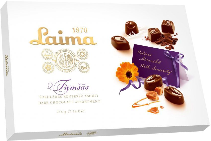 Laima Ассорти конфет в темном шоколаде, 215 гP140106602 Laima Ассорти конфет в темном шоколаде, 215 гP140106602Ассорти конфет в темном шоколаде 4 разных форм с 3 начинками - молочный крем, крем-какао, крем-ирис-тоффи.