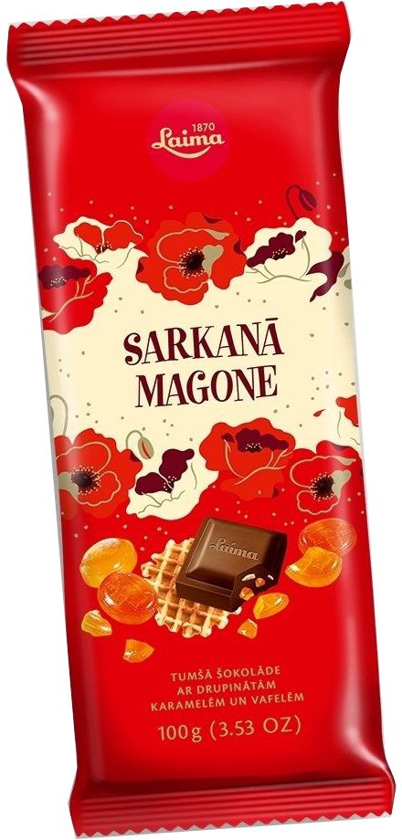 Laima Красный мак с карамелью и вафлями темный шоколад, 100 г4750001944211 Laima Красный мак с карамелью и вафлями темный шоколад, 100 г4750001944211Темный шоколад с криспами карамели.