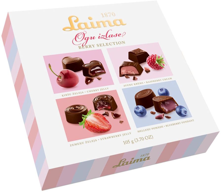 Laima С ягодными начинками Ассорти шоколадных конфет, 105 гP140110500 Laima С ягодными начинками Ассорти шоколадных конфет, 105 гP140110500Ассорти шоколадных конфет с 4 видами ягодных начинок - вишневой, малиновой, клубничной, черничной. Ягодное лукошко в одной коробке.