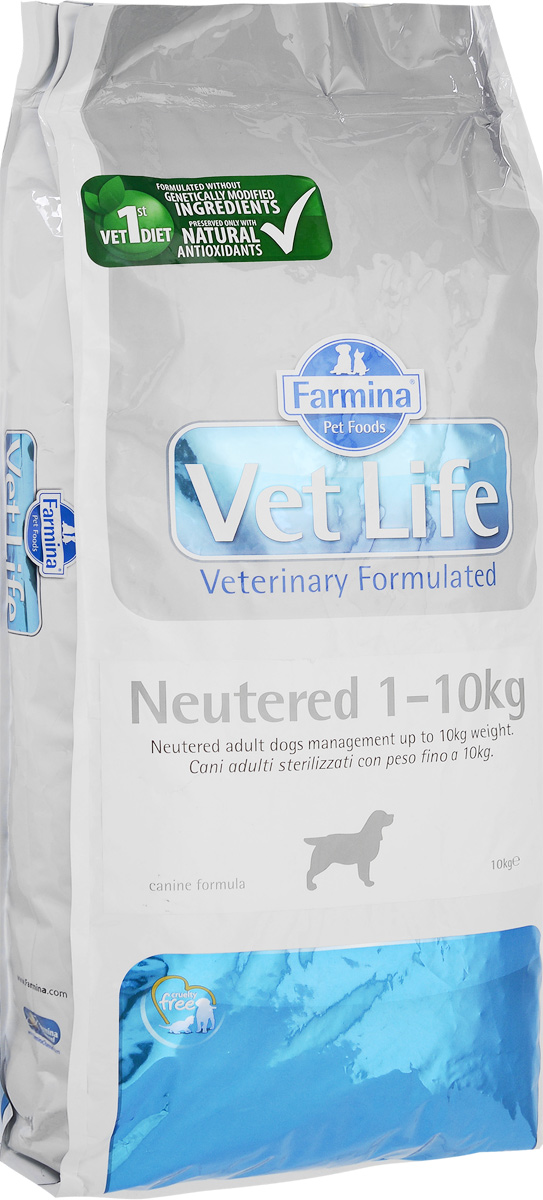 Корм сухой Farmina Vet Life для взрослых кастрированных или стерилизованных собак весом до 10 кг, диетический, 10 кг24787 Корм сухой Farmina Vet Life для взрослых кастрированных или стерилизованных собак весом до 10 кг, диетический, 10 кг24787Корм сухой Farmina Vet Life - полноценное и сбалансированное питание для взрослых кастрированных или стерилизованных собак весом до 10 кг для контроля веса и профилактики развития мочекаменной болезни. Рацион с низким содержанием жира и высоким содержанием белка обеспечивает поддержание оптимальной массы тела. L-карнитин стимулирует окисление жиров и преобразование их в энергию. Низкое содержание углеводов снижает вероятность развития диабета. Сульфат кальция способствует контролю pH мочи и снижает риск развития мочекаменной болезни. Рекомендации по кормлению: использовать по назначению ветеринарного врача. Товар сертифицирован.