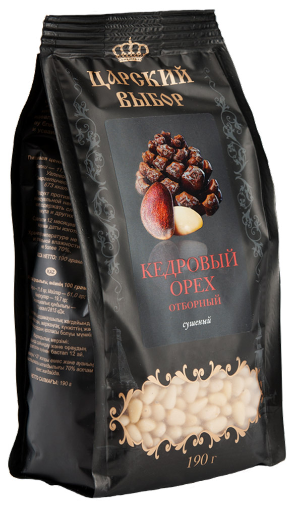 Царский выбор Кедровый орех отборный сушеный, 190 г4670018270281 Царский выбор Кедровый орех отборный сушеный, 190 г4670018270281Кедровые орехи богаты витаминами: К, Е, А, В1, В2, В3, В6 и В12. Особо ценные - жирные кислоты, которых в орехах максимальное количество.Растительный белок идеально сбалансирован, по составу близок к белкам ткани человека и усваивается организмом на 99%.