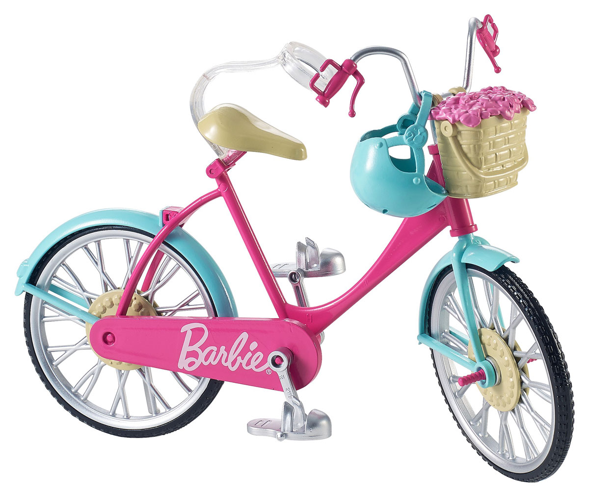 Barbie Велосипед для куклыDVX55 Barbie Велосипед для куклыDVX55Включайте свое воображение и прокатитесь на велосипеде вместе с Barbie! Розовый корпус, бирюзовые щитки и серебристые детали делают велосипед невероятно милым. Педали и колеса крутятся, как у настоящего велосипеда. Посадите куклу Barbie (продается отдельно) на велосипед и специальная застежка удержит ее в седле. Шлем предохраняет куклу от повреждений. Украсьте велосипед, повесив спереди корзинку с цветами. В комплекте: велосипед с корзинкой цветов, шлем и другие аксессуары.