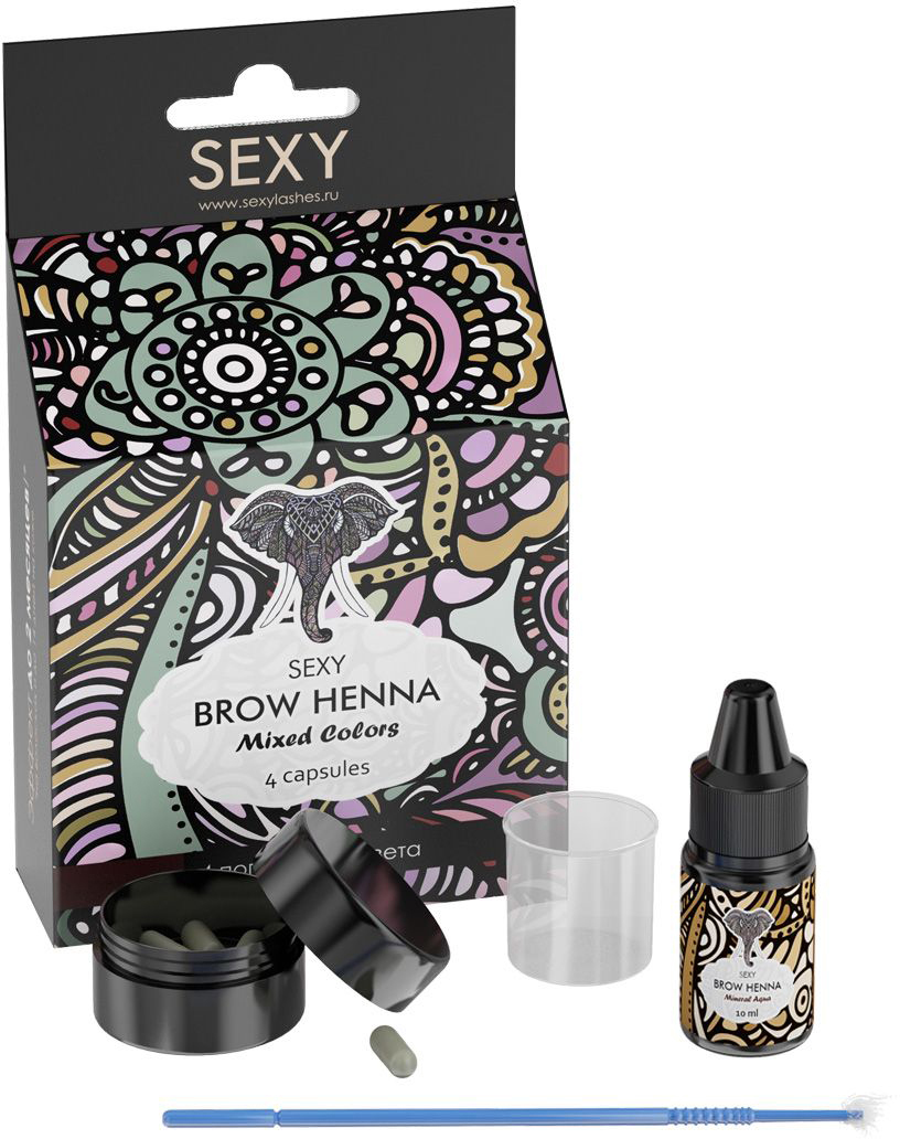 Sexy Brow Henna Набор хны для домашнего окрашивания, 4 цвета (4 капсул) + минеральный раствор 10 млSSH-00019 Sexy Brow Henna Набор хны для домашнего окрашивания, 4 цвета (4 капсул) + минеральный раствор 10 млSSH-00019Набор включает в себя: 1. Черная хна Sexy Brow Henna 1 капсула Коричневая хна Sexy Brow Henna 1 капсула Темно-коричневая хна Sexy Brow Henna 1 капсула Светло-коричневая хна Sexy Brow Henna 1 капсула Минеральный раствор для разведения хны Sexy Brow Henna, 10 мл 6. 4 микробраша для нанесения хны Мерный стаканчик для замешивания хны