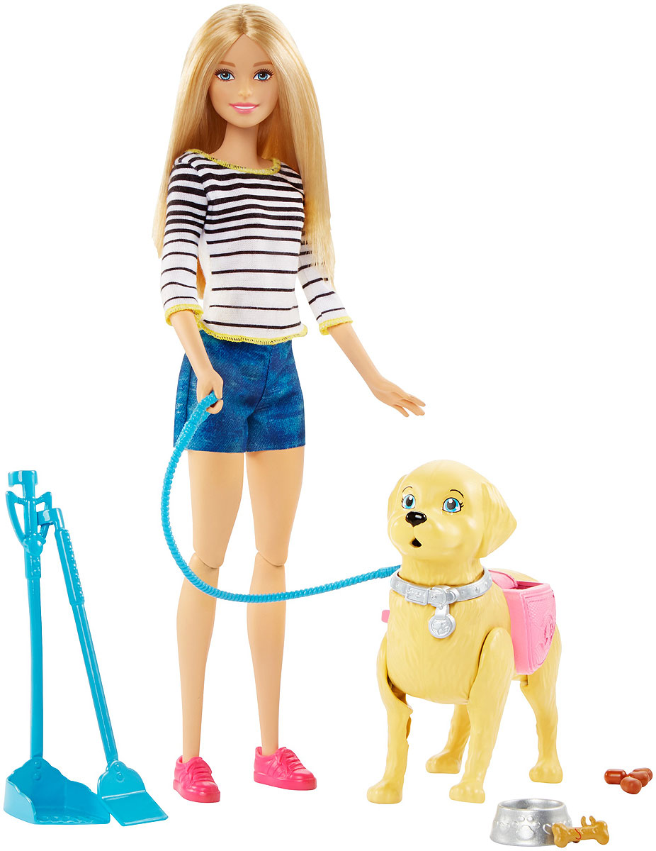Barbie Игровой набор с куклой Прогулка с питомцемDWJ68 Barbie Игровой набор с куклой Прогулка с питомцемDWJ68Этот милый щеночек покорил сердце куклы Barbie с первого взгляда! Теперь и вы можете помочь своей Barbie вывести собаку на прогулку! Хорошенько следите за ним и не давайте Барби выпустить поводок из рук. Когда собака захочет в туалет, нажмите на ее хвост. С помощью совка и метелки кукла может убрать за питомцем. Наградите своего щенка специальной косточкой за хорошее поведение и не забудьте покормить из миски, когда вернетесь домой. Кукла одета в полосатую кофточку, джинсовые шорты и розовые кеды, что прекрасно подходит для долгой прогулки с питомцем.
