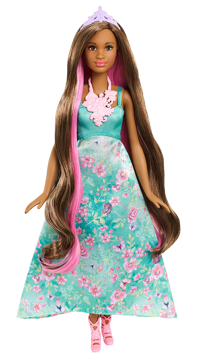 Barbie Кукла Принцесса с волшебными волосами цвет платья бирюзовыйDWH41_DWH43 Barbie Кукла Принцесса с волшебными волосами цвет платья бирюзовыйDWH41_DWH43Принцессы Barbie из серии Dreamtopia - это тройное веселье в одной кукле. Волосы этих кукол меняют цвет! Выберите свою куклу Barbie: блондинку в розовом платье или брюнетку в бирюзовом. У каждой длинные локоны и длинные платья с цветочными принтами на пышных юбках. У каждой куклы 3 возможных цвета волос. Поверните макушку куклы, чтобы волосы стали ярко-розовыми. Смочите отдельные прядки холодной водой с помощью губки, чтобы получить фиолетовый оттенок. В комплект входят: пара обуви, тиара, ожерелье, губка и расческа.