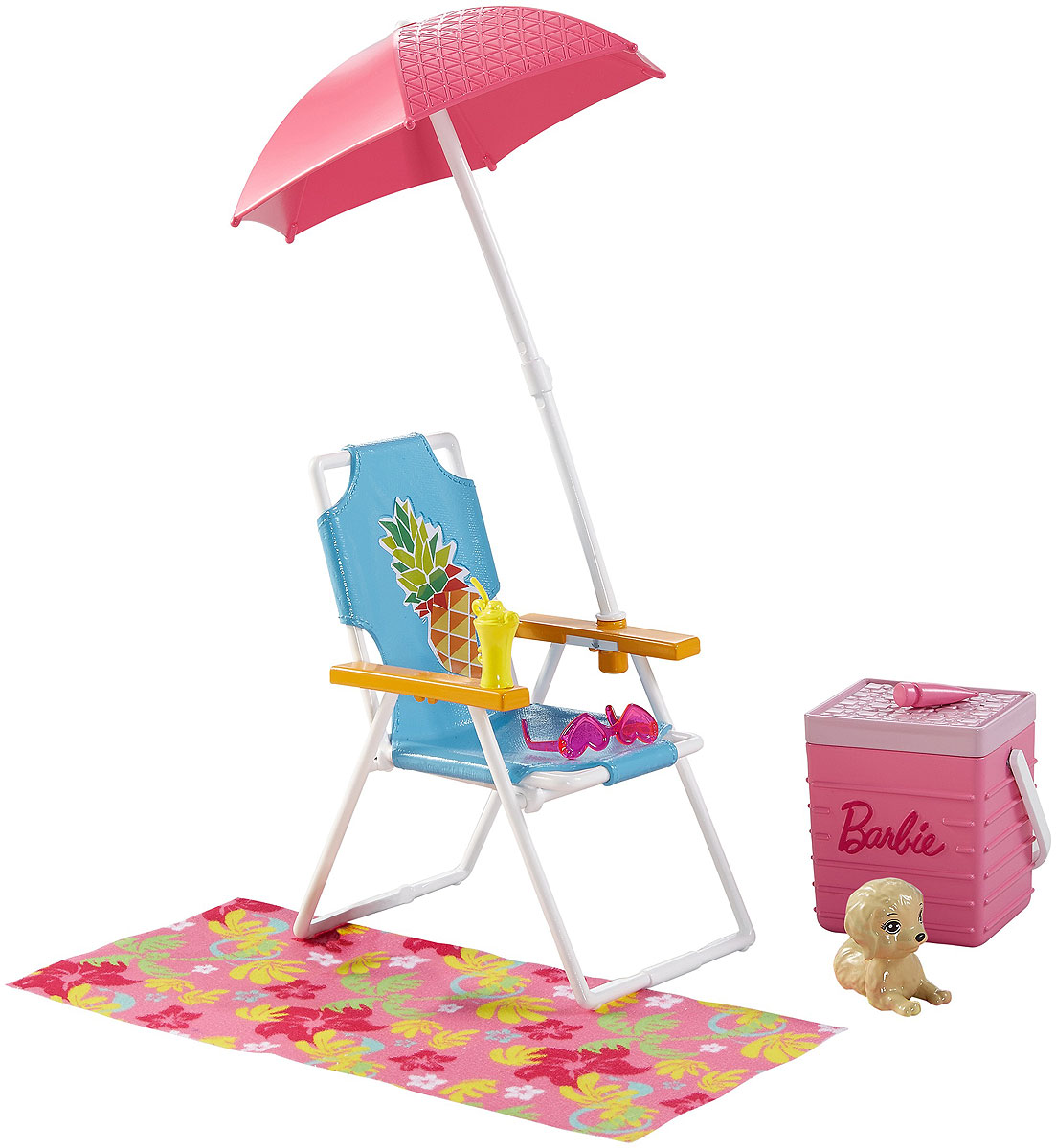 Barbie Мебель для кукол Отдых на природе ПикникDXB69_DVX49 Barbie Мебель для кукол Отдых на природе ПикникDXB69_DVX49Проведите ленивый день, валясь на солнце вместе с Barbie. Стул, зонт от солнца, корзина для пикника и другие аксессуары помогут устроить настоящий праздник на улице. Кукле будет и с кем поиграть - в наборе имеется фигурка щенка. Соберите всю мебель и аксессуары, чтобы создать полноценный интерьер для вашей куклы Barbie. Кукла в набор не входит.