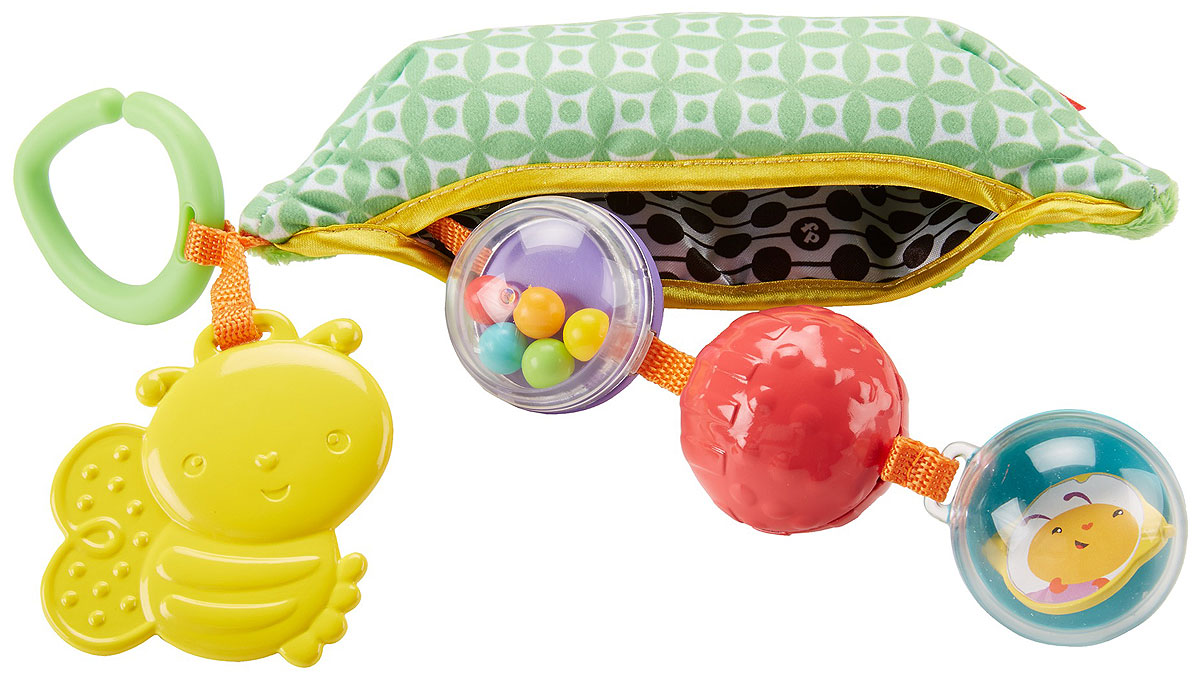 Fisher Price Игрушка-подвеска ГорошекDRD79 Fisher Price Игрушка-подвеска ГорошекDRD79Игрушка-подвеска Fisher Price Горошек подарит радость вашему малышу! Мягкий стручок горошка наполнен шуршащим материалом, внутри покрыт контрастным черно-белым сатином и отлично подходит для развития тактильного восприятия и органов чувств. Вашему малышу очень понравится играть с горошинками. Одна из них - шар-погремушка, вторая покрыта различными текстурами, а в третьей находится безопасное зеркальце. В комплект также входит пчелка-прорезыватель и застежка для крепления на сумке или коляске, чтобы играть на прогулке. Это прекрасный способ развлечь ребенка в любой момент! Игрушка помогает развивать восприятие и мелкую моторику. Не содержит бисфенол А.
