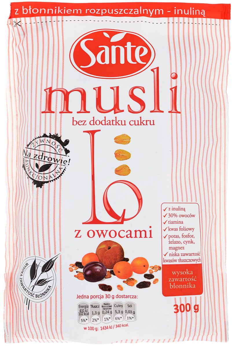 Sante Lo мюсли без сахара с инулином и фруктами, 300 г5900617011299 Sante Lo мюсли без сахара с инулином и фруктами, 300 г5900617011299Мюсли Ло от Sante – это новый вид мюсли без добавления сахара, разработанный с целью удовлетворить ожидания наших потребителей, особенно тех, кто следит за своим весом и здоровым и активным образом жизни. Мюсли Lo с фруктами – это более 60% овсяных хлопьев и 30% фруктов в составе. Мюсли Ло являются источником тиамина, фолиевой кислоты, фосфора, калия, железа, цинка, магния. Уважаемые клиенты! Обращаем ваше внимание, что полный перечень состава продукта представлен на дополнительном изображении.