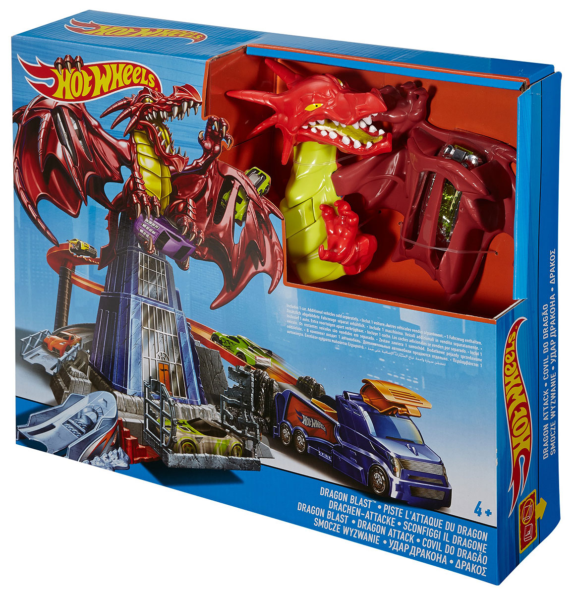 Hot Wheels Игрушечный трек Удар драконаDWL04 Hot Wheels Игрушечный трек Удар драконаDWL04Победите дракона и спасите город! Погрузитесь в захватывающие приключения и драматическую игру с непредсказуемым финалом с игрушечным треком Hot Wheels Удар дракона! Сразитесь с механическим драконом, отправив свою машинку Hot Wheels прямо на него. После столкновения дракон сильно разозлится и расправит крылья. Что делать дальше - решать вам! Оттачивайте свою меткость, чтобы не попасть в пещеру дракона. Победите своего врага, выпустив машинку ему в хвост из второй установки. Только так можно сразить дракона. Пусковая установка не только выполняет свои стандартные функции, но и может использоваться как машинка!