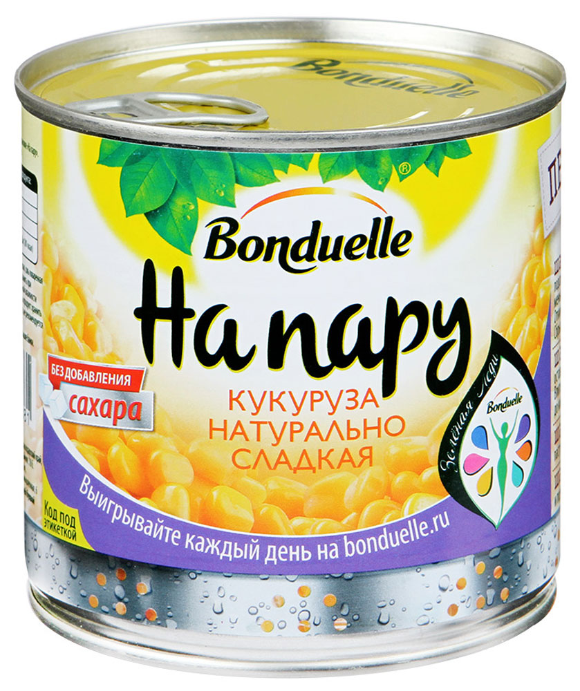 Bonduelle кукуруза натурально сладкая На пару, 340 г5634 Bonduelle кукуруза натурально сладкая На пару, 340 г5634Кукуруза натурально сладкая Bonduelle На пару выращена из особого сладкого сорта кукурузы - Super Sweet. Золотистая, хрустящая, сочная и 100% натуральная кукуруза. Рекомендуется употреблять как самостоятельную закуску или использовать в приготовлении других блюд. При производстве кукурузы не используется сахар. Отличается высоким содержанием клетчатки и витамина В9.