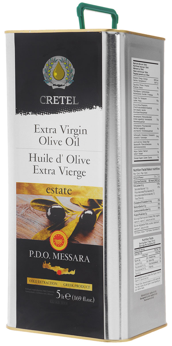 Cretel Extra Virgin масло оливковое P.D.O. Messara, 5 л16010 Cretel Extra Virgin масло оливковое P.D.O. Messara, 5 л16010Estate P.D.O. Messara (Protected designation of origin) — это уникальный объект авторского права, который закрепляет за производителем права гарантированный регион производства, несет на упаковке информацию о конкретном районе производства, в нашем случае, в районе Мессара, на острове Крит, Греция. Оливки были выращены, собраны и отжаты в масло полностью в определенном географическом регионе. Весь процесс изготовления этого масла, как говорилось выше, производится на месте сбора сырья. Маркировка дает гарантию потребителю, что масло не является ни в коем случае смесью масел. Один из главных показателей качества оливкового масла – кислотность, в оливковом масле Cretel Extra Virgin она не превышает 0,6%.