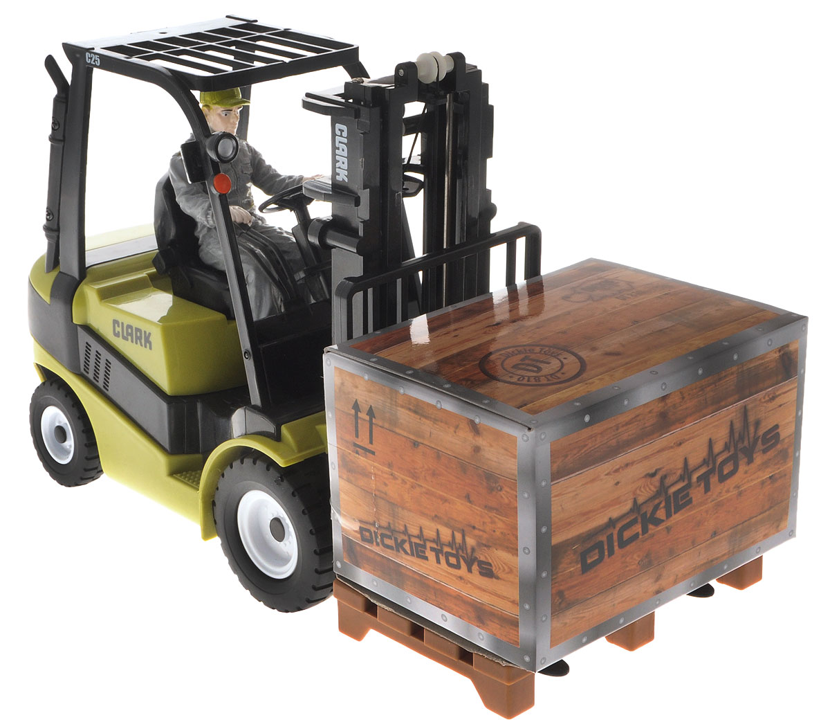 Dickie Toys Подъемник на радиоуправлении Forklift Clark C2519233 Dickie Toys Подъемник на радиоуправлении Forklift Clark C2519233Подъемник на радиоуправлении Dickie Toys Forklift Clark C25 разнообразит игры вашего ребенка со строительной техникой. Игрушка выполнена из высококачественного безопасного пластика, отличается четкими пропорциями и высокой детализацией. Это точная копия настоящей техники в масштабе 1:16. В машинке предусмотрена фигурка водителя погрузчика. Машина оснащена вилочным погрузчиком, который может поднимать и опускать крупногабаритный груз. Подъем и опускание вилки происходит с помощью пульта управления. Движение машины производится при помощи пульта дистанционного управления (в комплекте). Игрушка может двигаться вперед-влево-вправо, назад-влево-вправо, останавливаться. Радиоуправляемые игрушки развивают у ребенка мелкую моторику, логику, координацию движений и пространственное мышление. Порадуйте своего малыша таким замечательным подарком! Для работы игрушки рекомендуется докупить 4 батарейки типа АА напряжением 1,5V (комплектуется демонстрационными)....