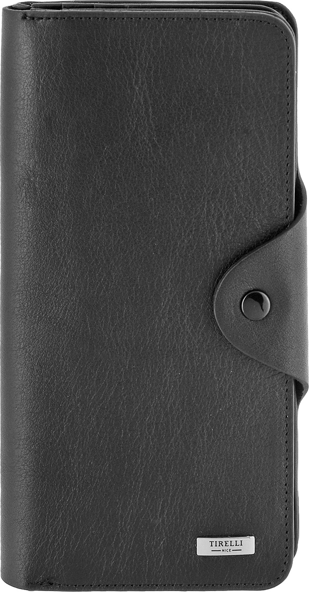 Купюрник Tirelli Классик, цвет: черный. 15-252-0715-252-07 Купюрник Tirelli Классик, цвет: черный. 15-252-0715-252-07Купюрник Tirelli Классик изготовлен из натуральной кожи черного цвета с матовой текстурой и закрывается хлястиком на кнопку. Купюрник оформлен фирменным логотипом. Внутри имеется четыре отделения для купюр, шестнадцать кармашков для хранения пластиковых карт, визиток, дисконтных карт, два отделения с сетчатым окошком для фотографий, три потайных кармашка для бумаг, карман на застежке-молнии и открытый кармашек. Такой купюрник станет отличным подарком для человека, ценящего качественные и необычные вещи. Изделие упаковано в подарочную коробку синего цвета с логотипом фирмы Tirelli. Характеристики: Материал: натуральная кожа, металл. Цвет: черный. Размер портмоне (в сложенном виде): 9,5 см х 18 см х 2,5 см.