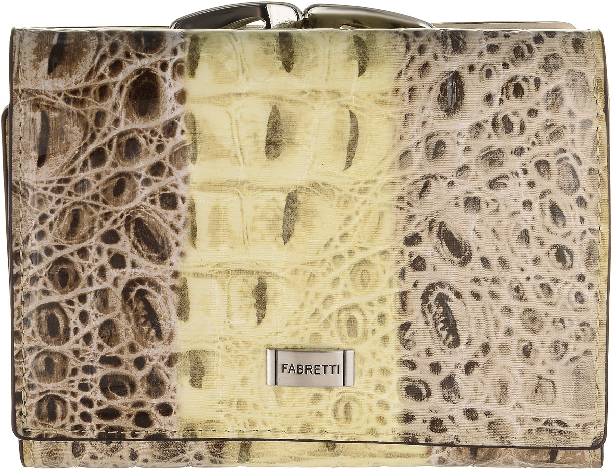 Кошелек женский Fabretti, цвет: бежевый, серо-коричневый. 4700947009-colourful cocco L Кошелек женский Fabretti, цвет: бежевый, серо-коричневый. 4700947009-colourful cocco LКошелек Fabretti выполнен из натуральной лаковой кожи с тиснением под рептилию. Изделие оформлено металлической пластинкой с названием бренда. Внутри расположено вместительное отделение для купюр, три горизонтальных кармана, пять вертикальных карманов для визитных и дисконтных карт, один из которых с прозрачным окошком. Отделение закрывается клапаном на кнопку. Также внутри находится отделение, закрывающееся на кнопку, которое состоит из пяти карманов, один из которых с пластиковым окошком. Кошелек имеет отдельное отделение для мелочи, закрывающееся на рамочный замок.