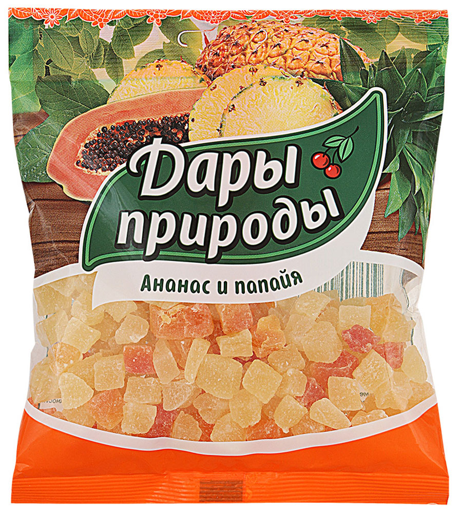 Дары природы цукаты ананас и папайя сушеные, 150 г1240 Дары природы цукаты ананас и папайя сушеные, 150 г1240Цукаты - это бесценный источник: энергии; полезных элементов, витаминов и минералов. Цукаты - это те же фрукты, сначала засахаренные и затем подсушенные. Цукаты из папайи и ананаса сохраняют вкусовые и питательные свойства этих экзотических фруктов. Они являются прекрасным десертным продуктом. Уважаемые клиенты! Обращаем ваше внимание, что полный перечень состава продукта представлен на дополнительном изображении.
