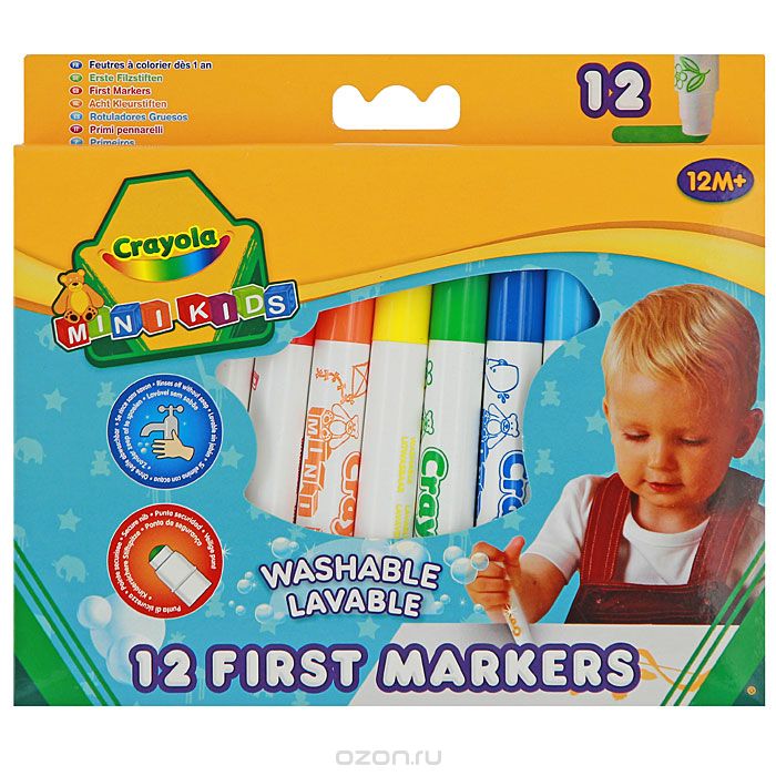 Фломастеры Crayola, 12 цветов8325 Фломастеры Crayola, 12 цветов8325Наконечники фломастеров безопасны для детей и позволяют смело наносить цветные штрихи под любым углом. В составе чернил используются безопасные красители, потому эти фломастеры абсолютно безопасны для самых маленьких детей, которые стремятся все попробовать на вкус. Фломастеры имеют широкий глубоко посаженный закругленный кончик, который не вдавливается при нажатии.